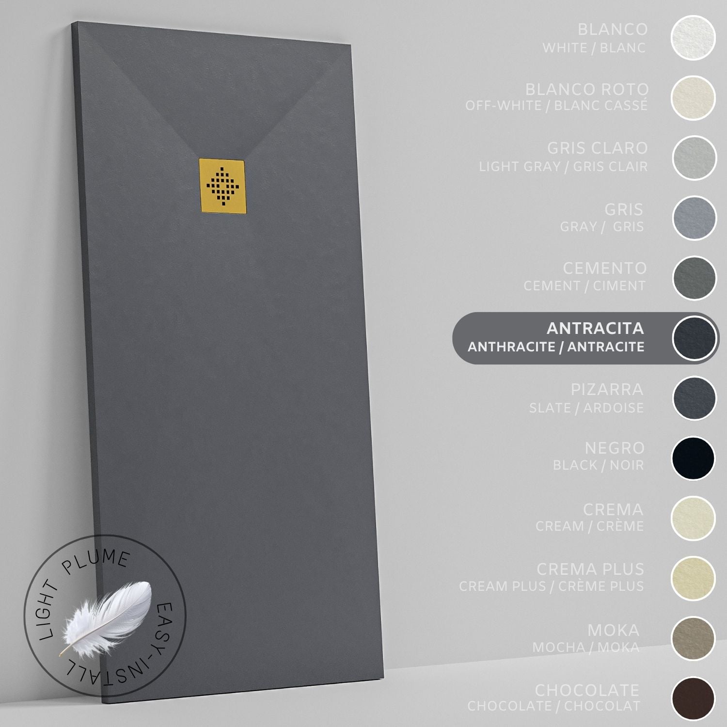 SOULHOME Lekki Brodzik z Żywicy tekstura Łupka antracytowy – 120X75- cm Ultra-płaski Zawiera Syfon i Kratkę Gold