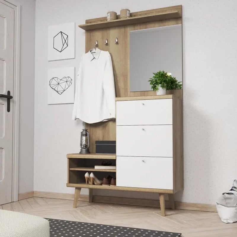 Garderoba PRIMO 110 cm z lustrem i szafką na buty – Funkcjonalna garderoba w kolorze Białym + Dąb Riviera