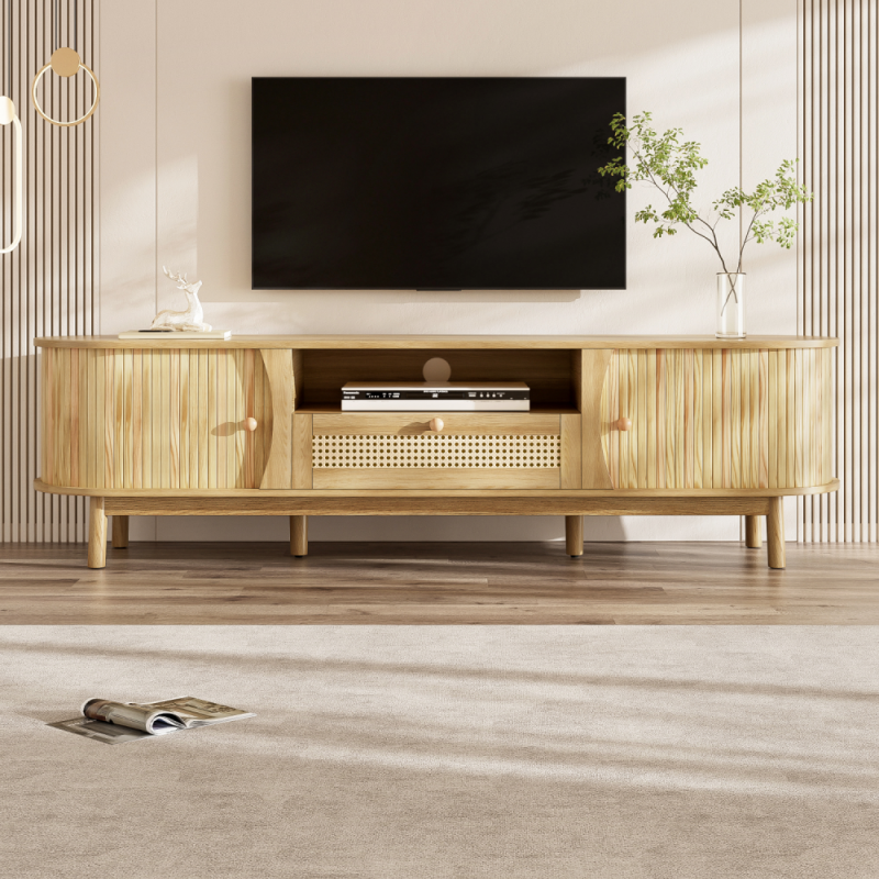 Szafka pod telewizor, dwie drzwi i jedna szuflada, wymiary 165×37×46 cm, wykończenie naturalne.