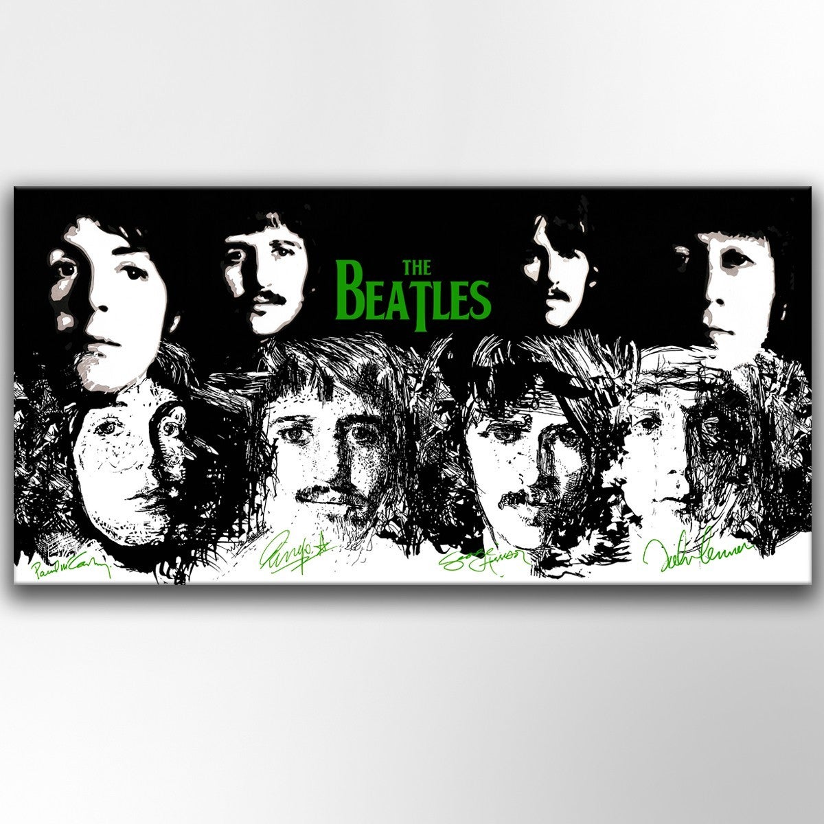Obraz na płótnie na drewnianej ramie BEATLES CZARNO-ZIELONY 100x50 cm