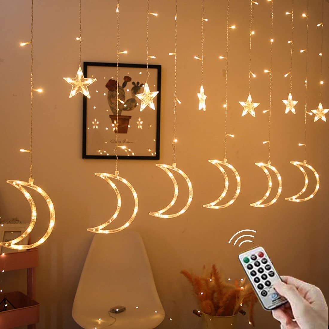 Żółte diody LED w kształcie gwiazdek i księżyców, 6 księżyców, 6 gwiazdek, 138 diod LED, zasilanie przez USB z pilotem, 8 trybów oświetlenia, i