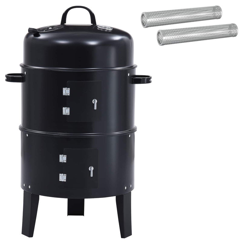 Grill Węglowy Okrągły z Wędzarnią 3w1 Stalowy Czarny do Ogrodu