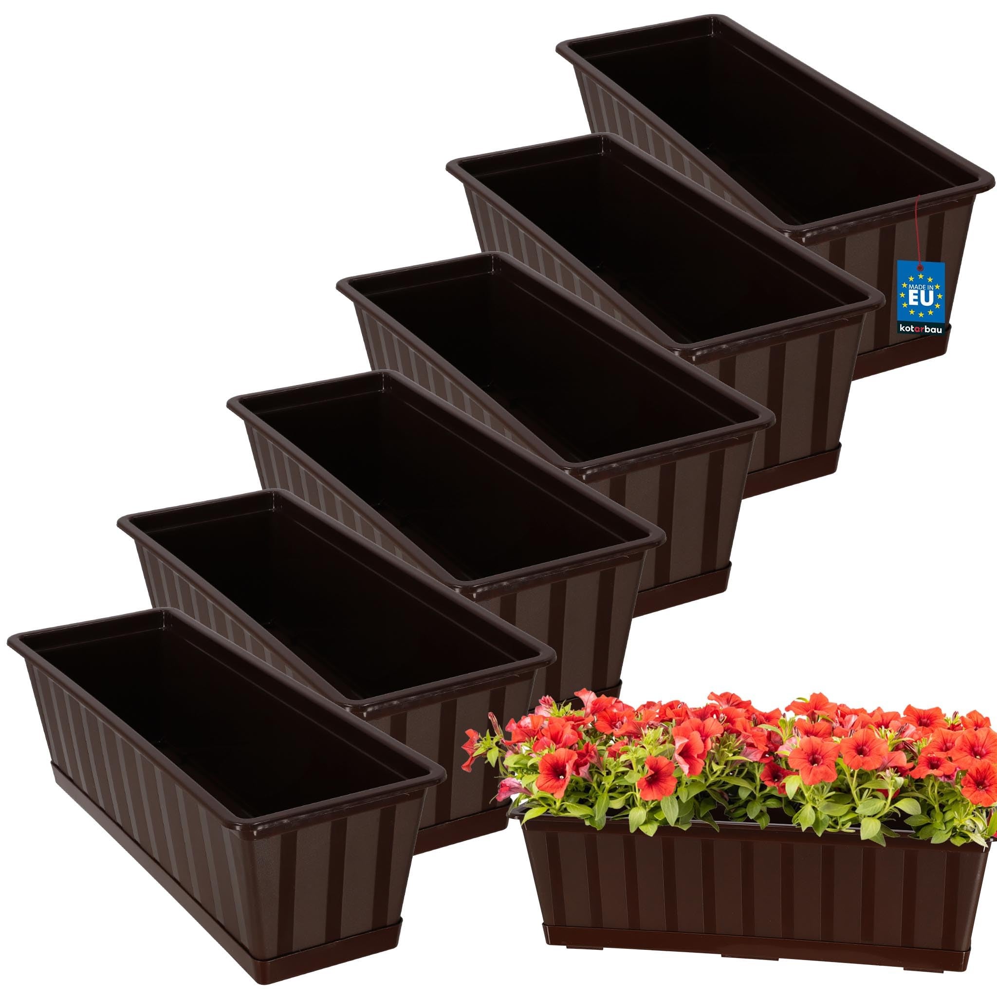 6 szt. Doniczka - Skrzynka Balkonowa - 50 x 18 x 14 cm - Skrzynia na Balustradę Balkon - Donica z Podstawką - Brąz KOTARBAU