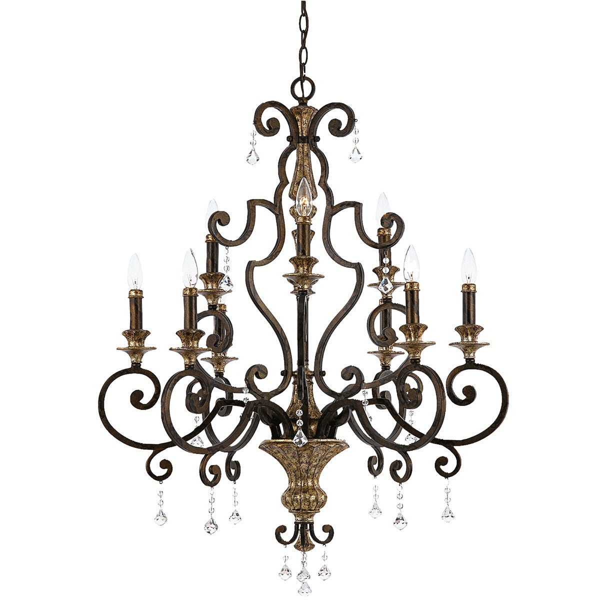 Suspension Marquette, bronze et cristal, 9 ampoules