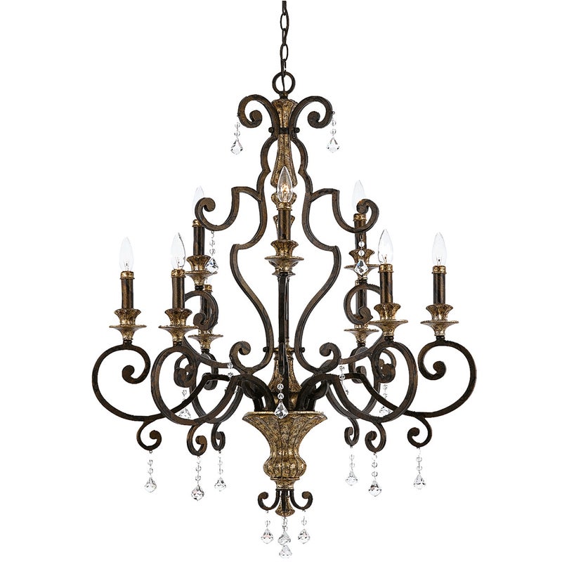 Suspension Marquette, bronze et cristal, 9 ampoules