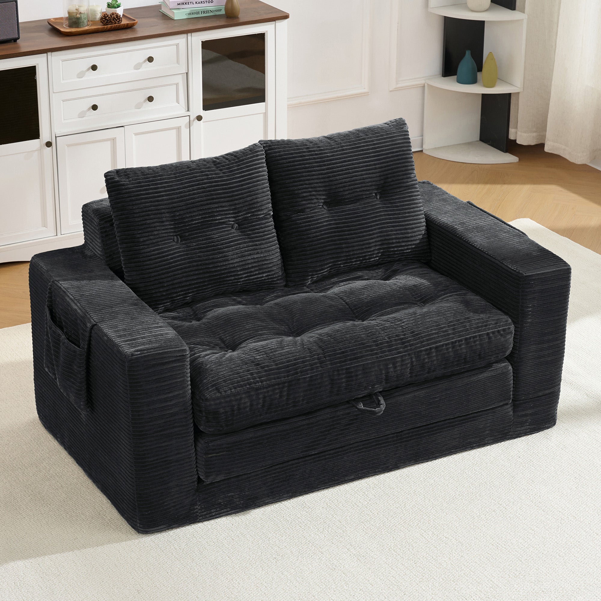 Sofa dwuosobowa, idealna do leżenia i siedzenia, z poszerzanymi podłokietnikami i kieszeniami bocznymi - odpowiednia do salonu, sypialni i biura
