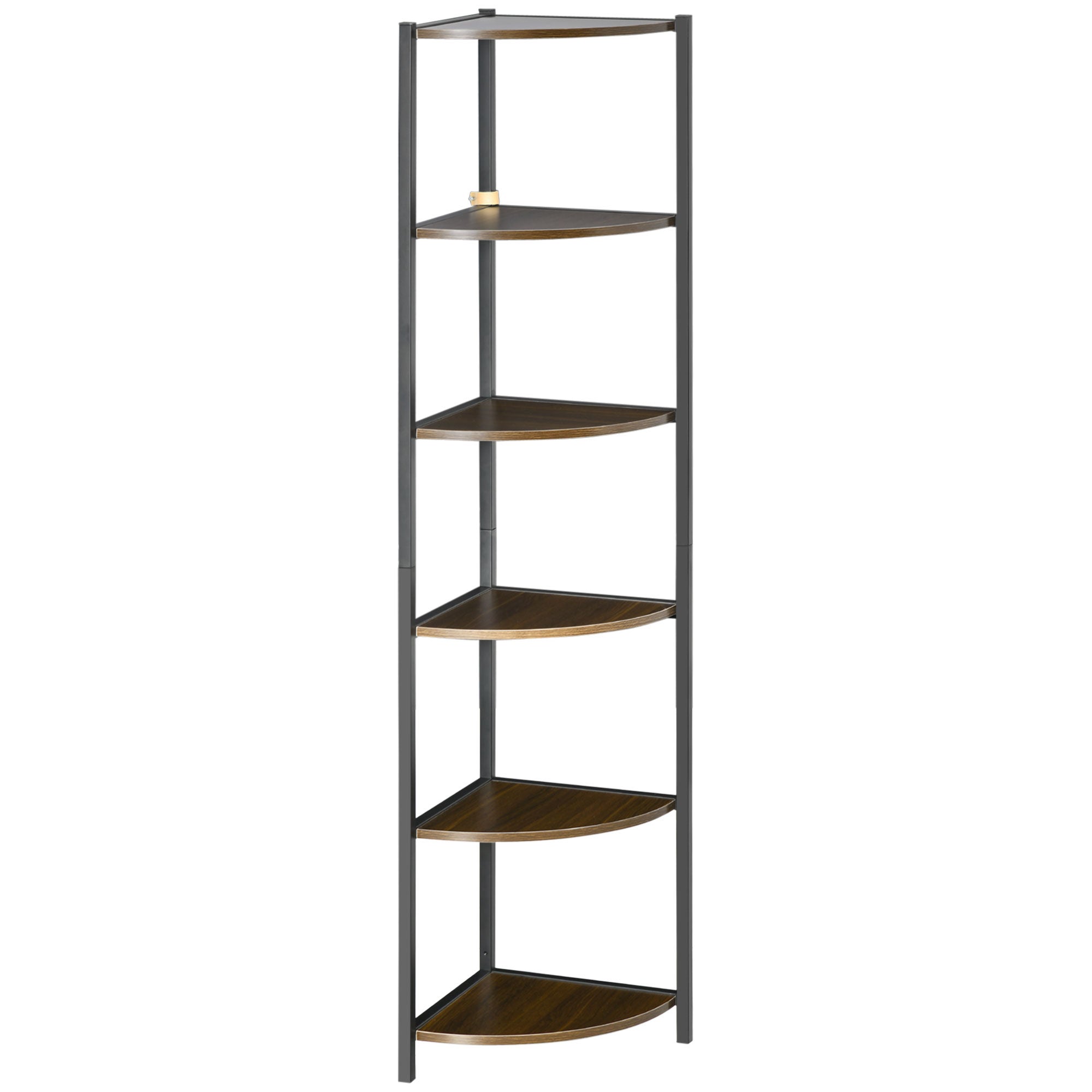 Nowoczesny regał narożny z 6 półkami z metalu i płyty MDF, 34 x 34 x 166 cm, kolor brązowy i czarny