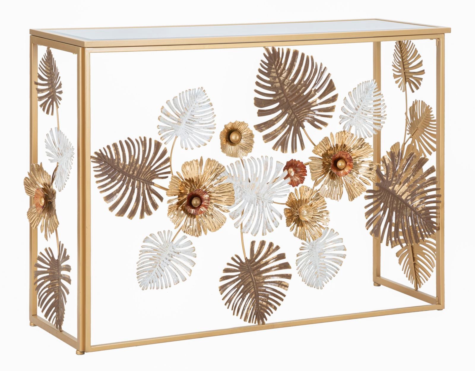 Stolik konsolowy Glam Floris 113x40x80 cm – meble wejściowe ze złotego metalu i lustrzanym blatem z kwiatowymi zdobieniami – nowoczesny luksusowy styl