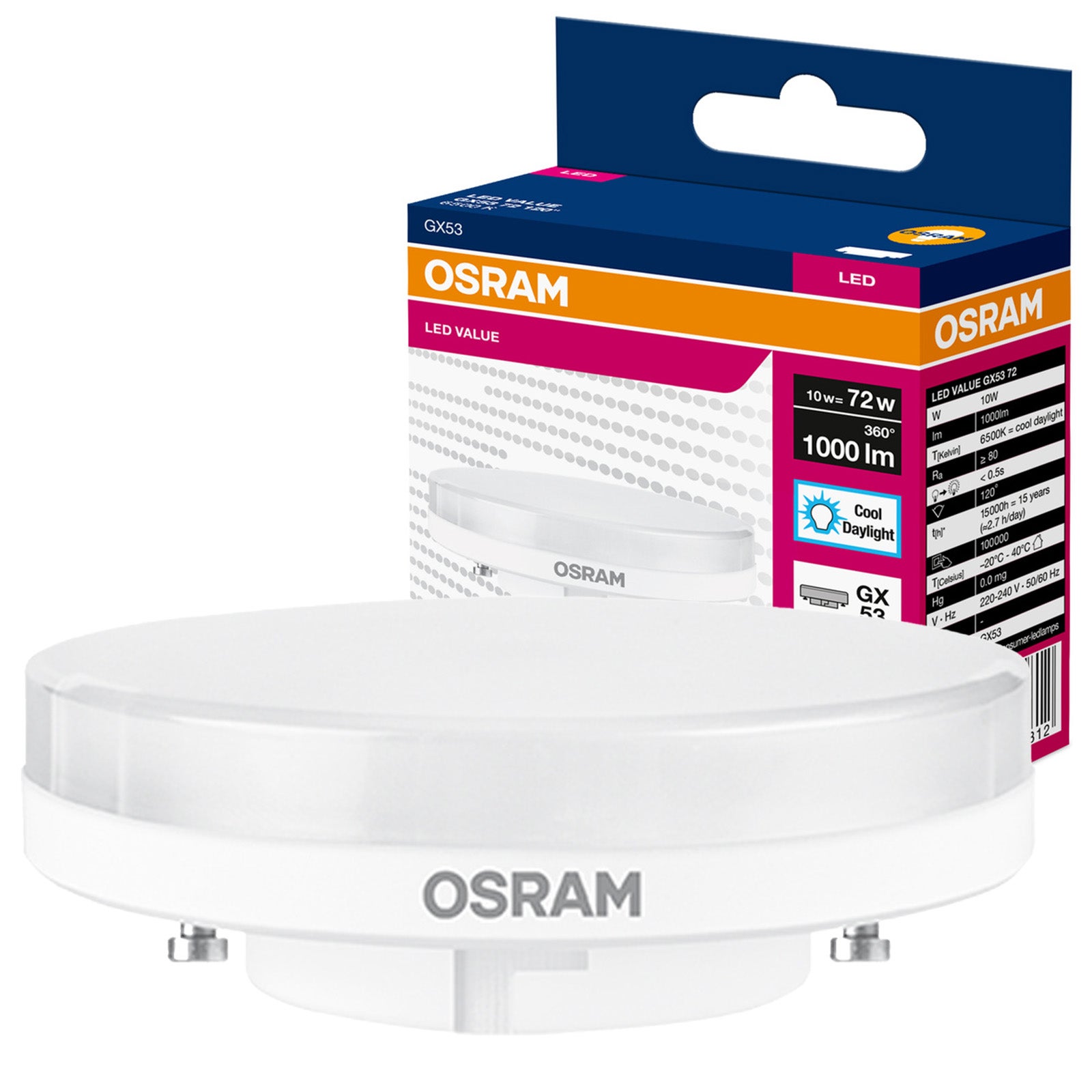 Żarówka LED GX53 Reflektor 10W 1000lm 6500K Zimna Biel 120st VALUE Osram