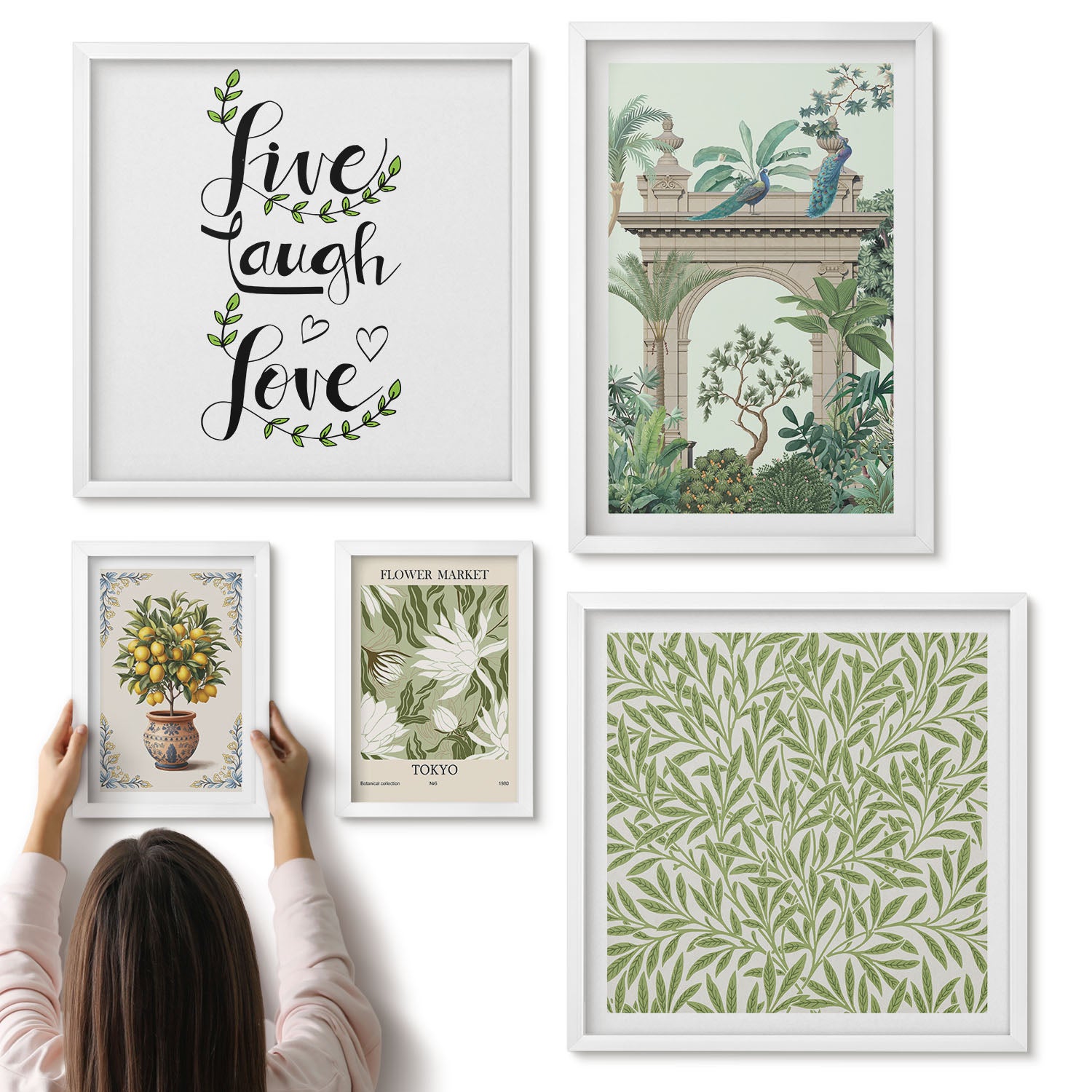 Galeria ścienna 5-częściowy komplet obrazów w białych ramach - Roślinne motywy z egzotycznymi akcentami w stylu boho - ArtPrintCave