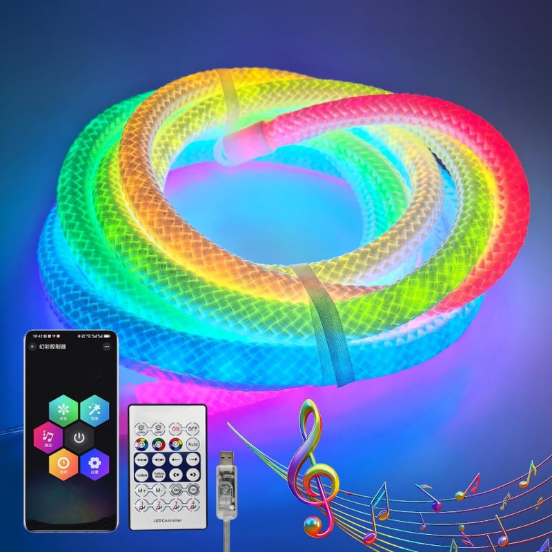 Taśma LED Neon RGBIC z Teksturą Łuskowaną 360 Stopni, Sterowanie Bluetooth, Muzyka, USB 5V, 24 Klawisze, 5M Łatwa do Zainstalowania