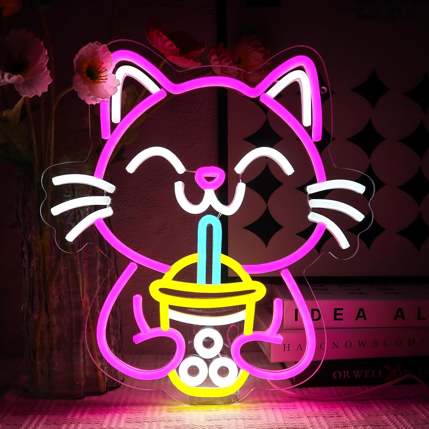 Neon z kotem Boba, światło do picia, neon z kotem do dekoracji ściennej, neon ze zwierzęciem, znak LED USB do baru, sklepu, firmy, na imprezę herbacia