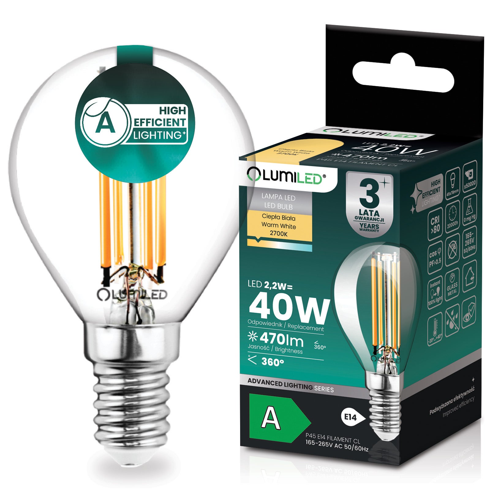 Żarówka LED Lumiled E14 Kulka P45 2.2 W 470 lm 2700K Ciepła biel 360st Filament KLASA A