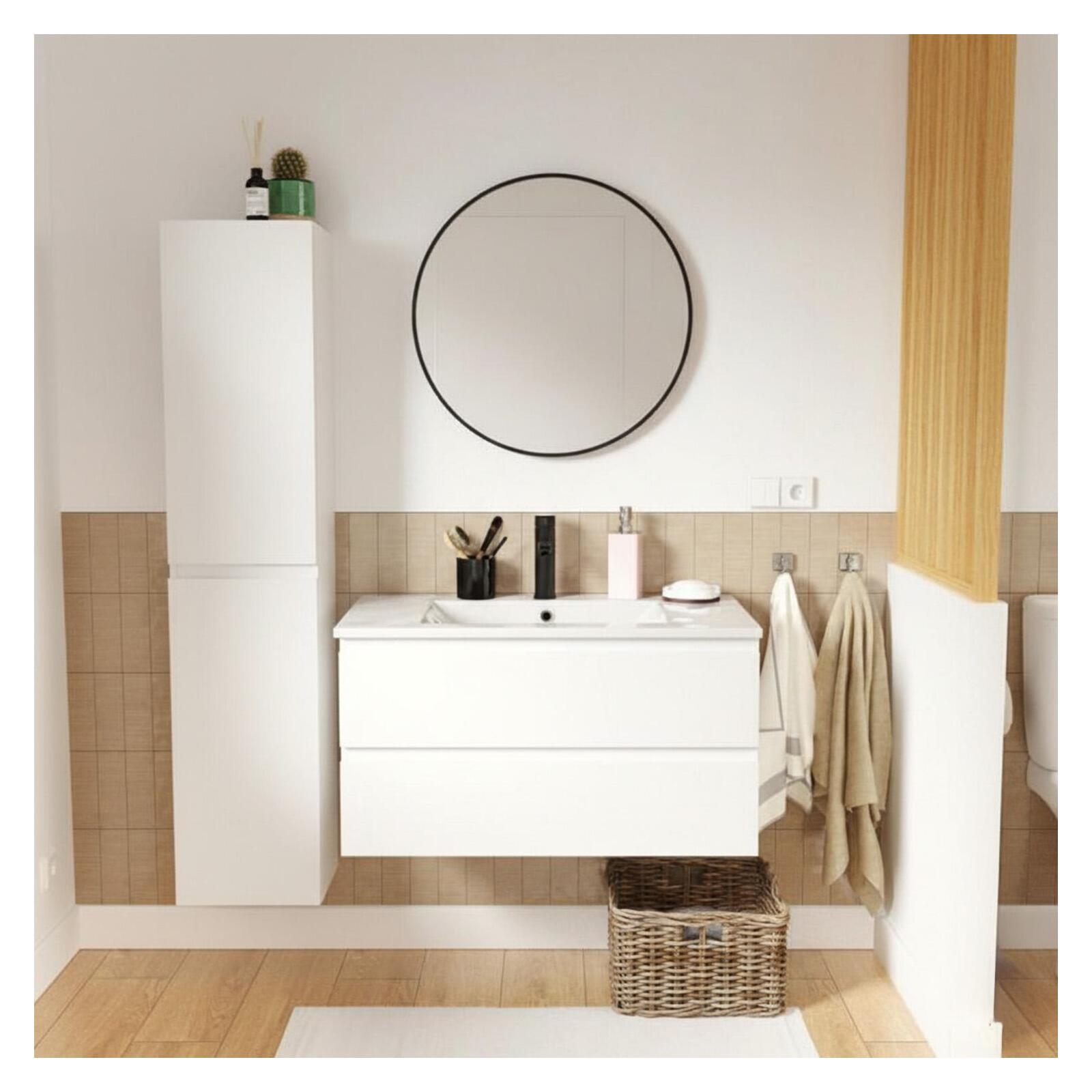 Szafka pod umywalkę 80 cm z ceramicznym blatem, baterią, lustrem i kolumną SORRENTO