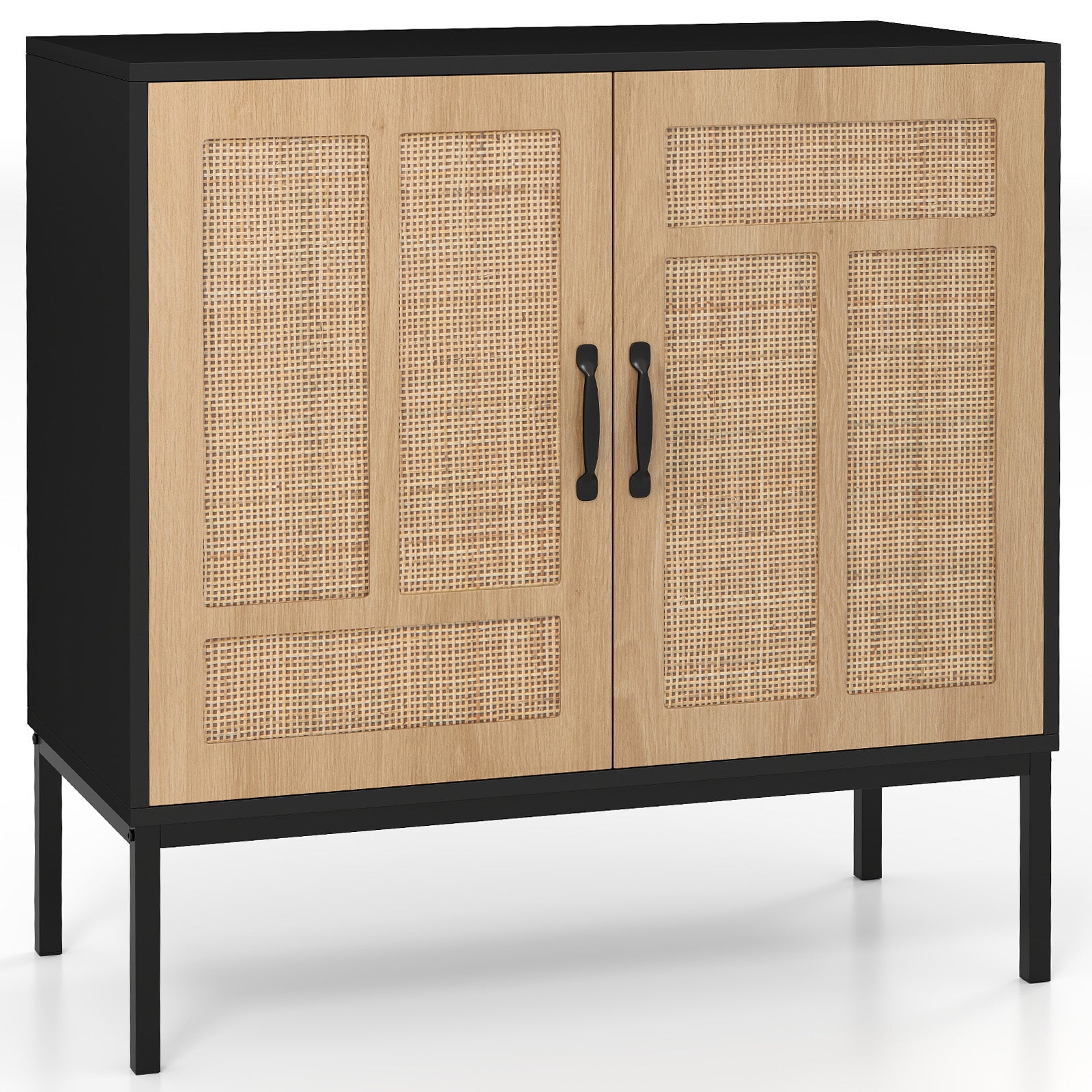 Dwudrzwiowa komoda z regulowaną półką w 3 pozycjach, drzwi z rattanu, mebel pomocniczy w stylu bohemy 80 x 38 x 81 cm do kuchni, salonu, czarny