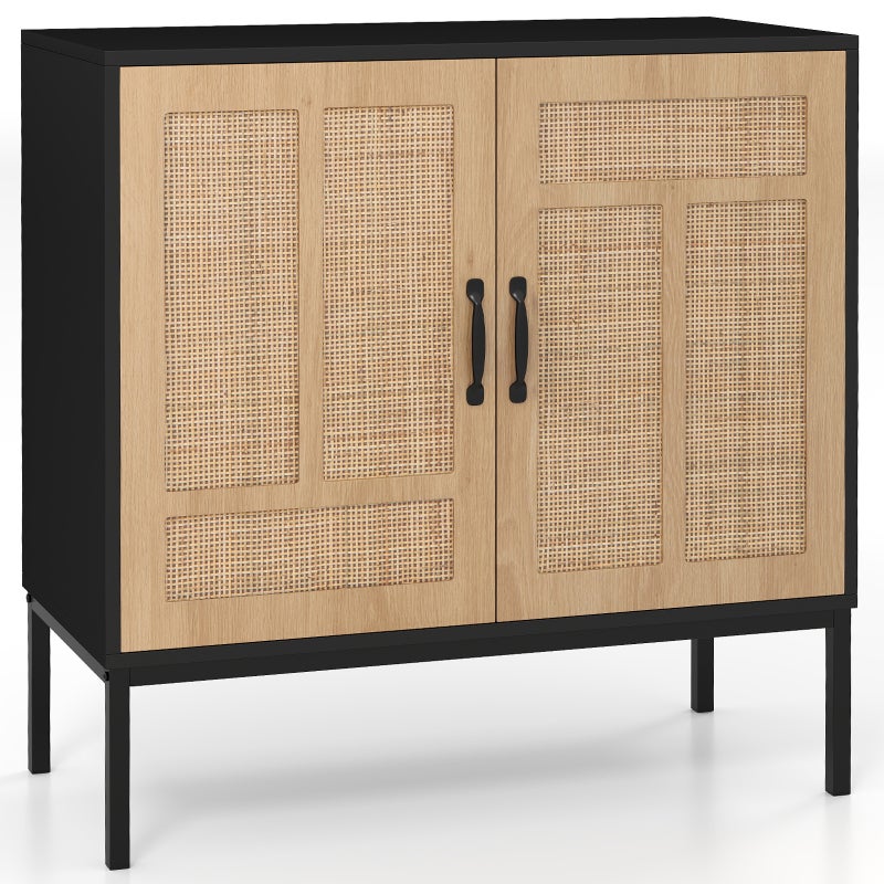 Dwudrzwiowa komoda z regulowaną półką w 3 pozycjach, drzwi z rattanu, mebel pomocniczy w stylu bohemy 80 x 38 x 81 cm do kuchni, salonu, czarny