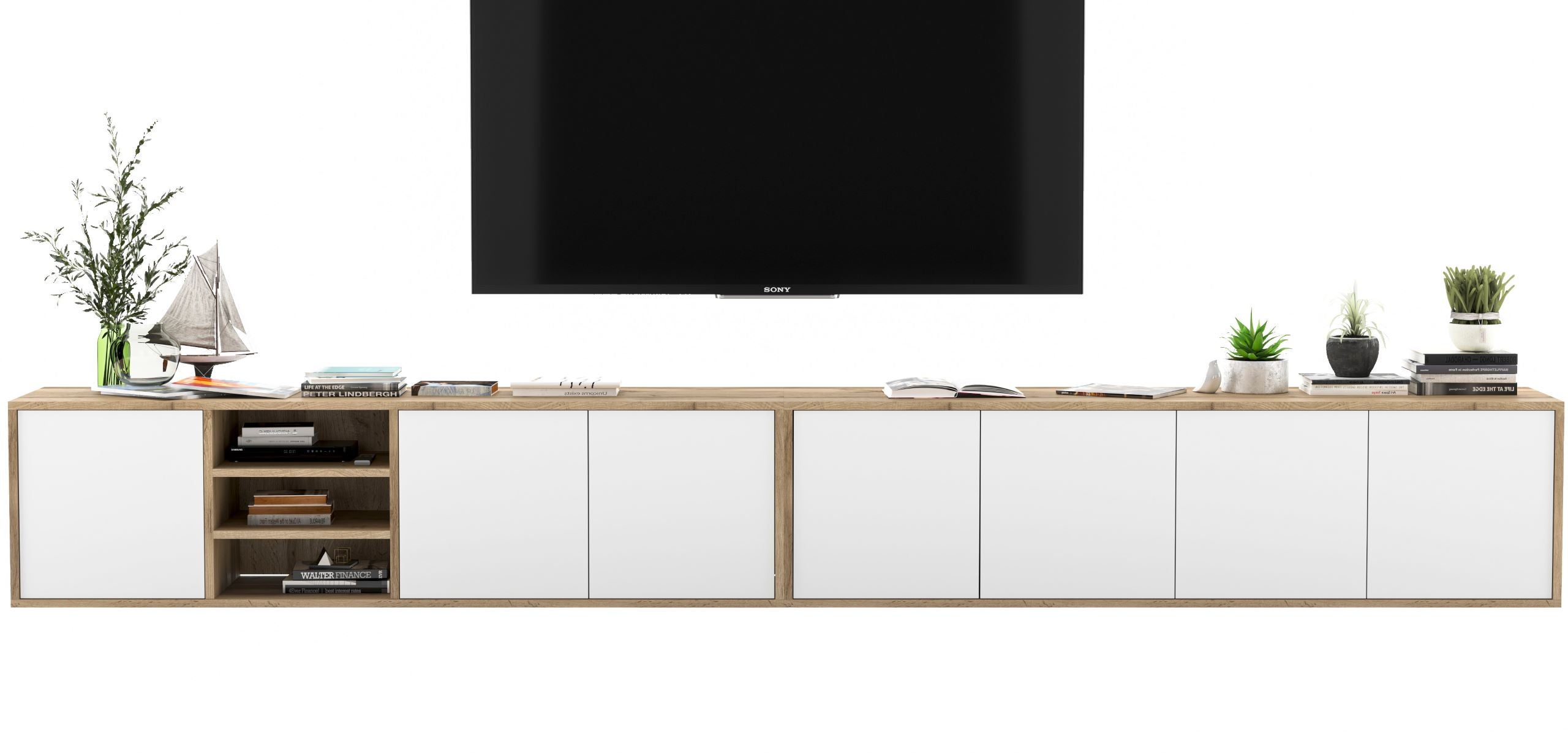 Wisząca szafka RTV Loft industrialna 300 cm biały mat, komoda RTV pod telewizor do salonu