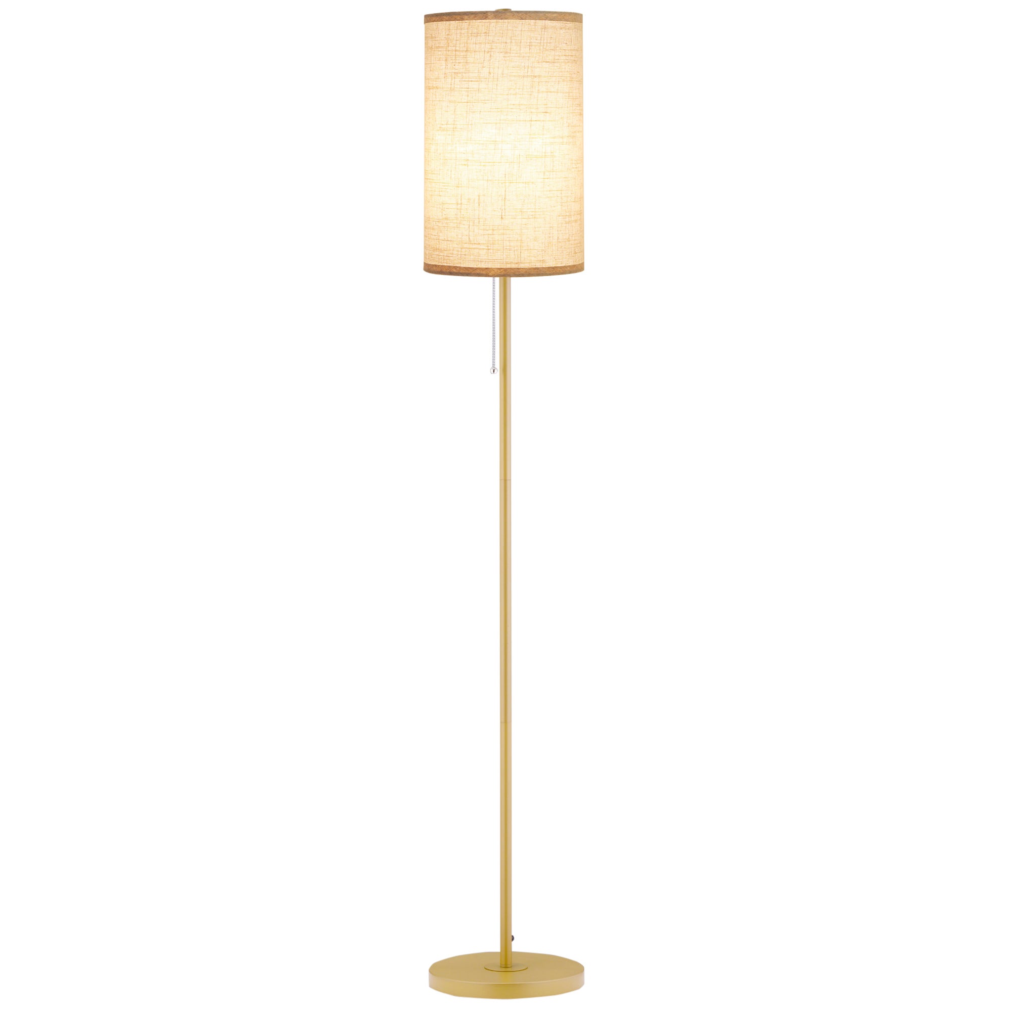 Designerska lampa podłogowa, maks. 40 W, podstawa ze stali w kolorze złotym, klosz z kremowego lnu, wymiary 25,5 x 25,5 x 157 cm, kolor złoty i beżowy