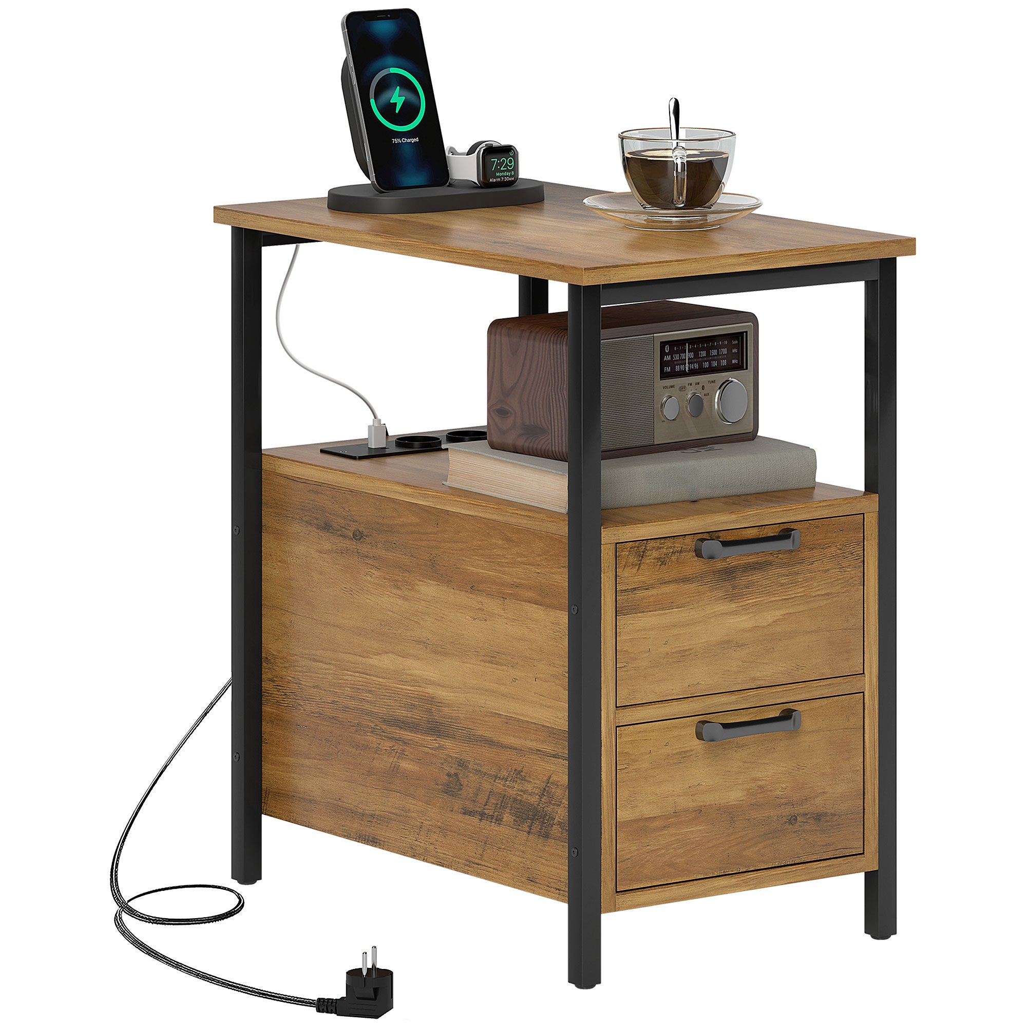 Stolik nocny/boczny z 2 portami USB, 1 portem typu C, kablem 143 cm, szufladami i półką, drewno naturalne
