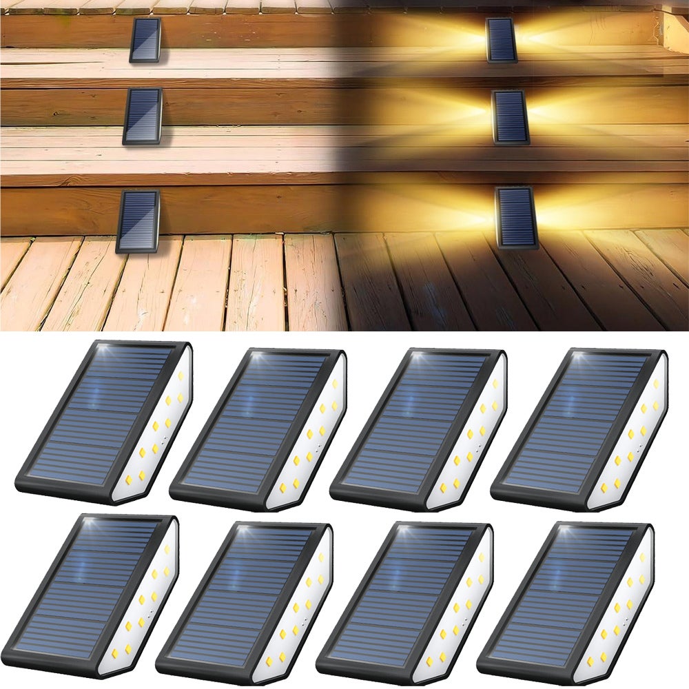 Zestaw 8 zewnętrznych lamp solarnych do schodów, 18 diod LED, wodoodporne oświetlenie zewnętrzne do klatki schodowej, stopni i ogrodzeń. Ciepła biel.