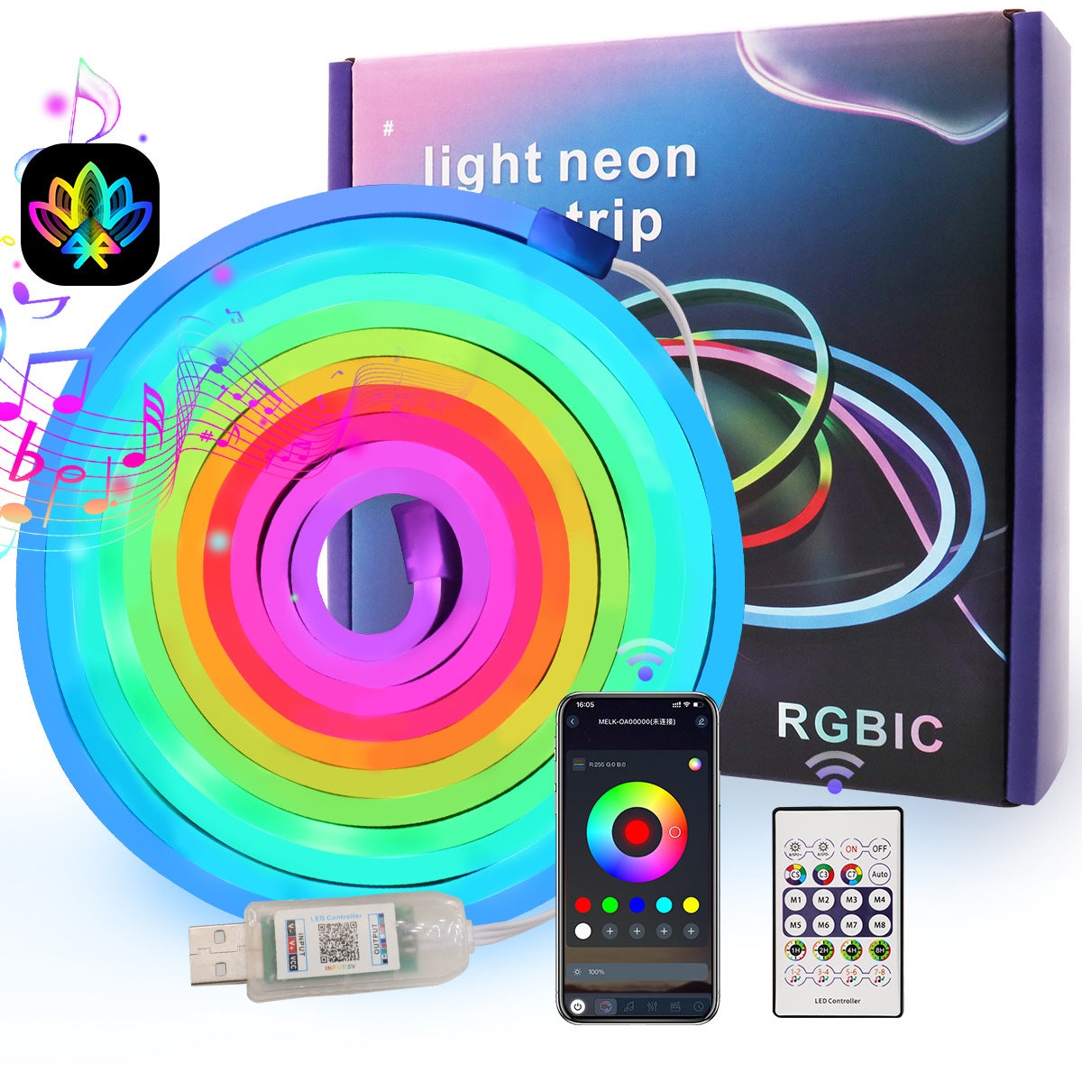 Kolorowa taśma neonowa LED USB 5 V (6x16 mm) o długości 1 m – elastyczna konstrukcja typu DIY, sterowana aplikacją i pilotem.