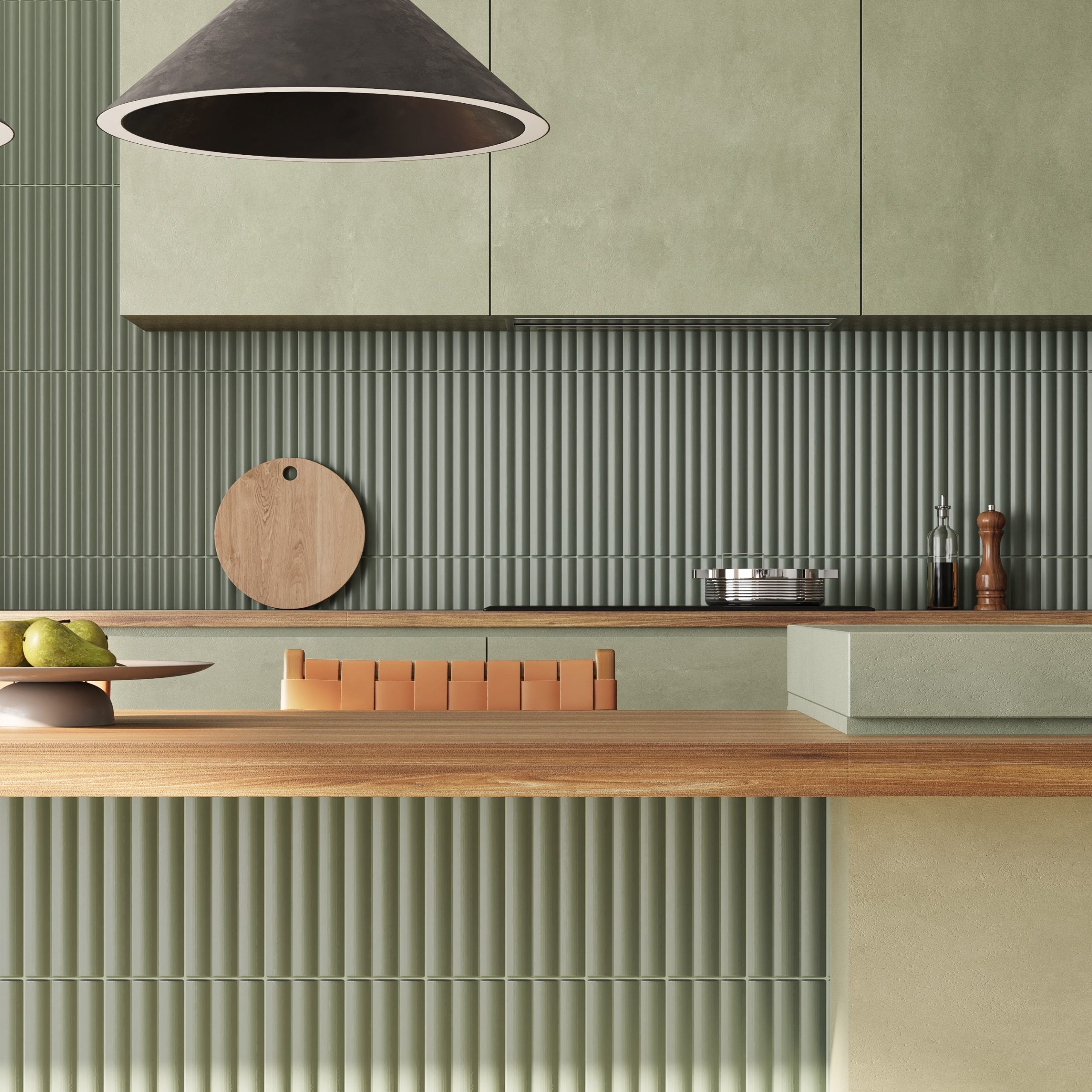 Błyszcząca płytka ścienna z reliefem, zielona, Acanto 10x40 cm Reeded Olive