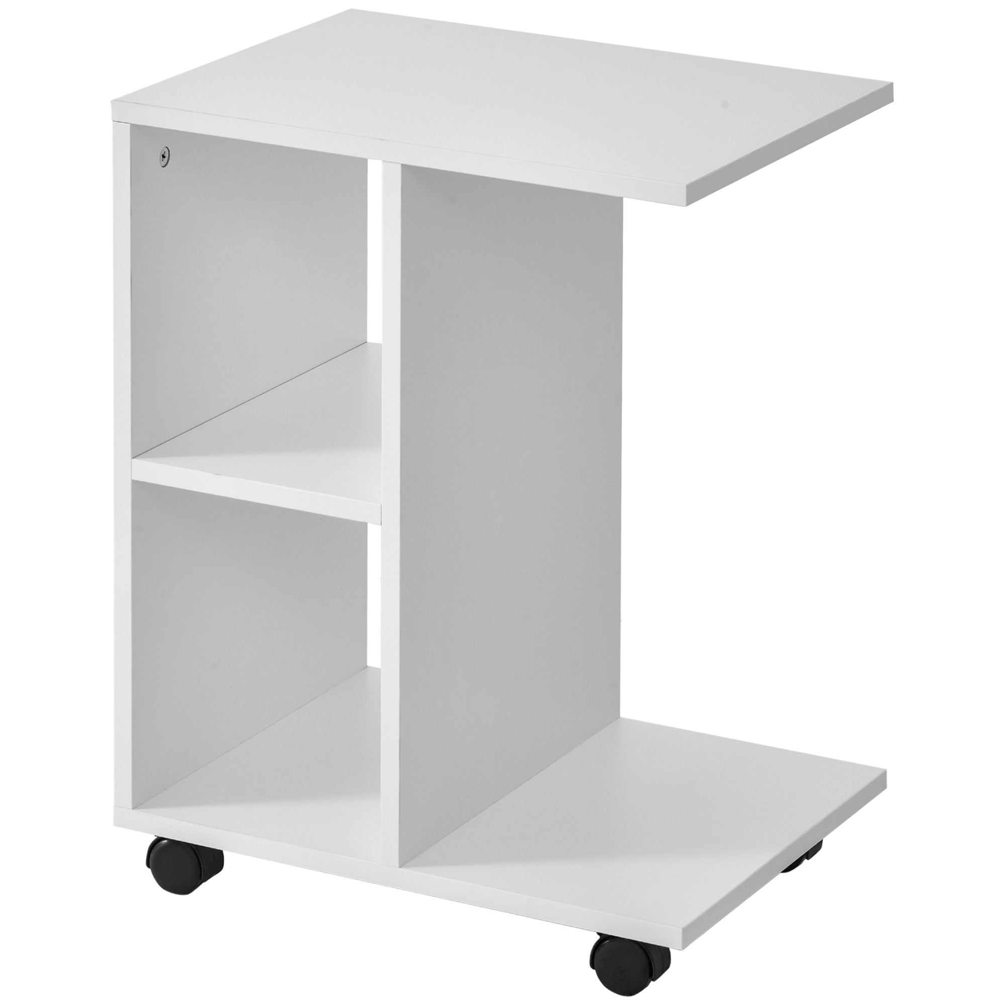 Stolik kawowy w kształcie litery C z 2 otwartymi półkami i 4 obrotowymi kółkami, MDF i PE, 45x35x58 cm, biały
