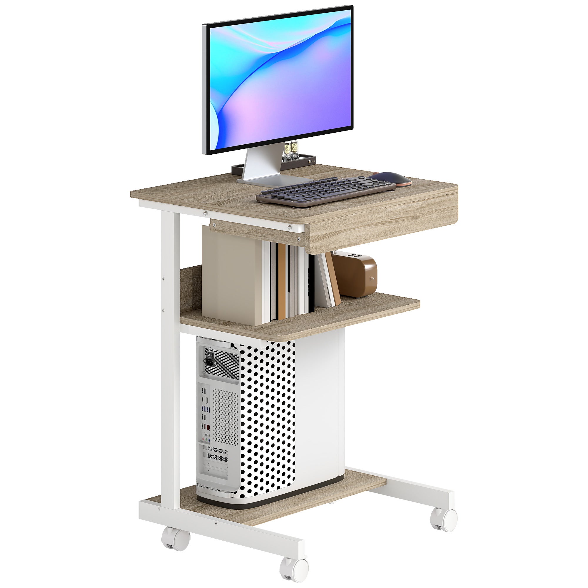 Biurko komputerowe na kółkach dąb, kompaktowy stolik pod laptopa z szufladą, mobilne biurko do pracy w małych pomieszczeniach domowych