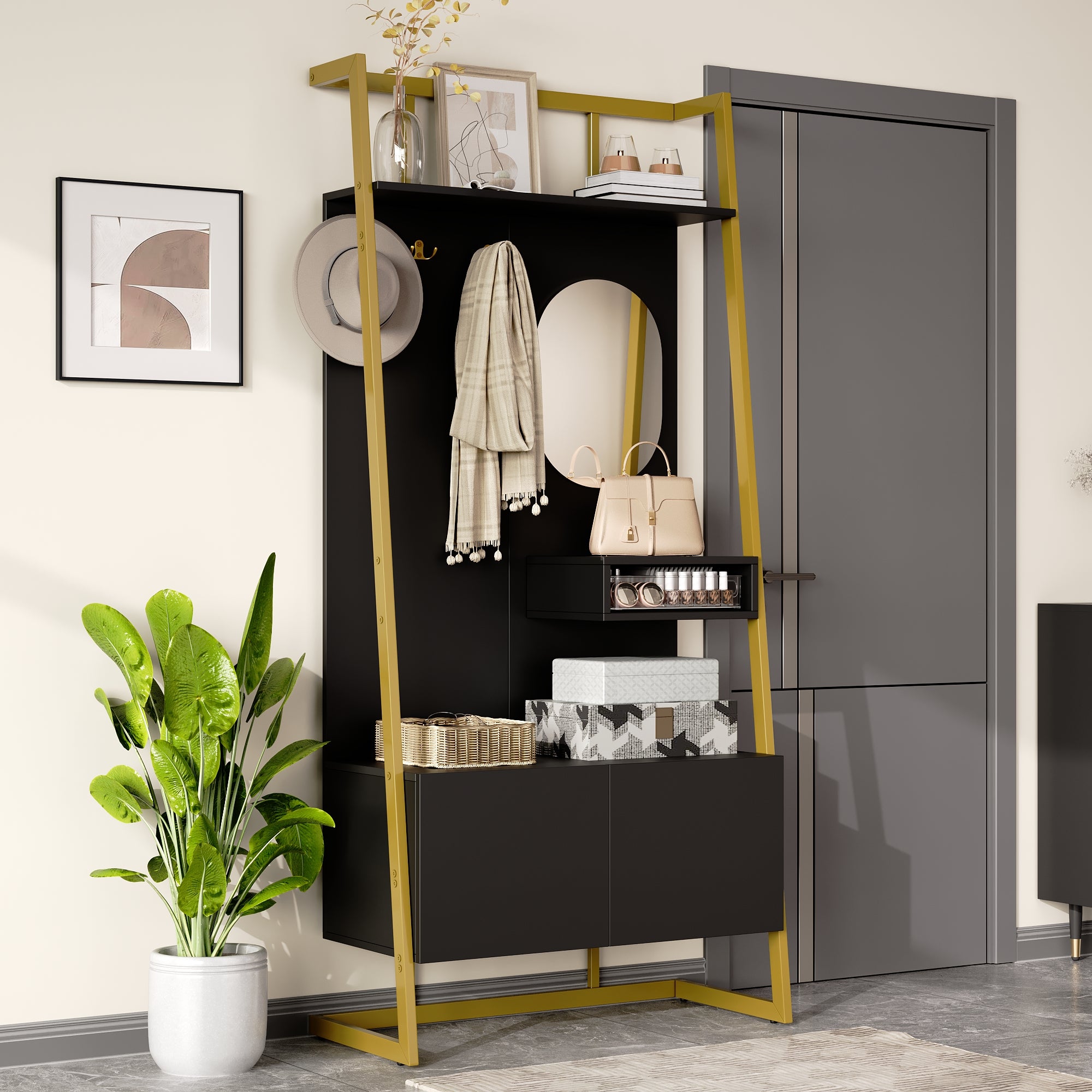 Zestaw na ubrania do przedpokoju 78x38,5x180,5 cm - z lustrem i wieszakami - Szafa na buty - z półkami - Czarny
