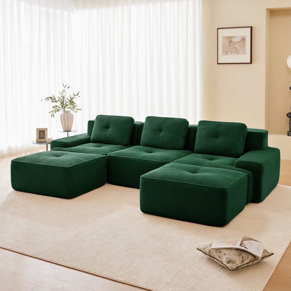 Sofa Cloud Boneless w kształcie litery U, 3-osobowa, z pufem, nie wymaga montażu, antypoślizgowa i przyjazna dla zwierząt