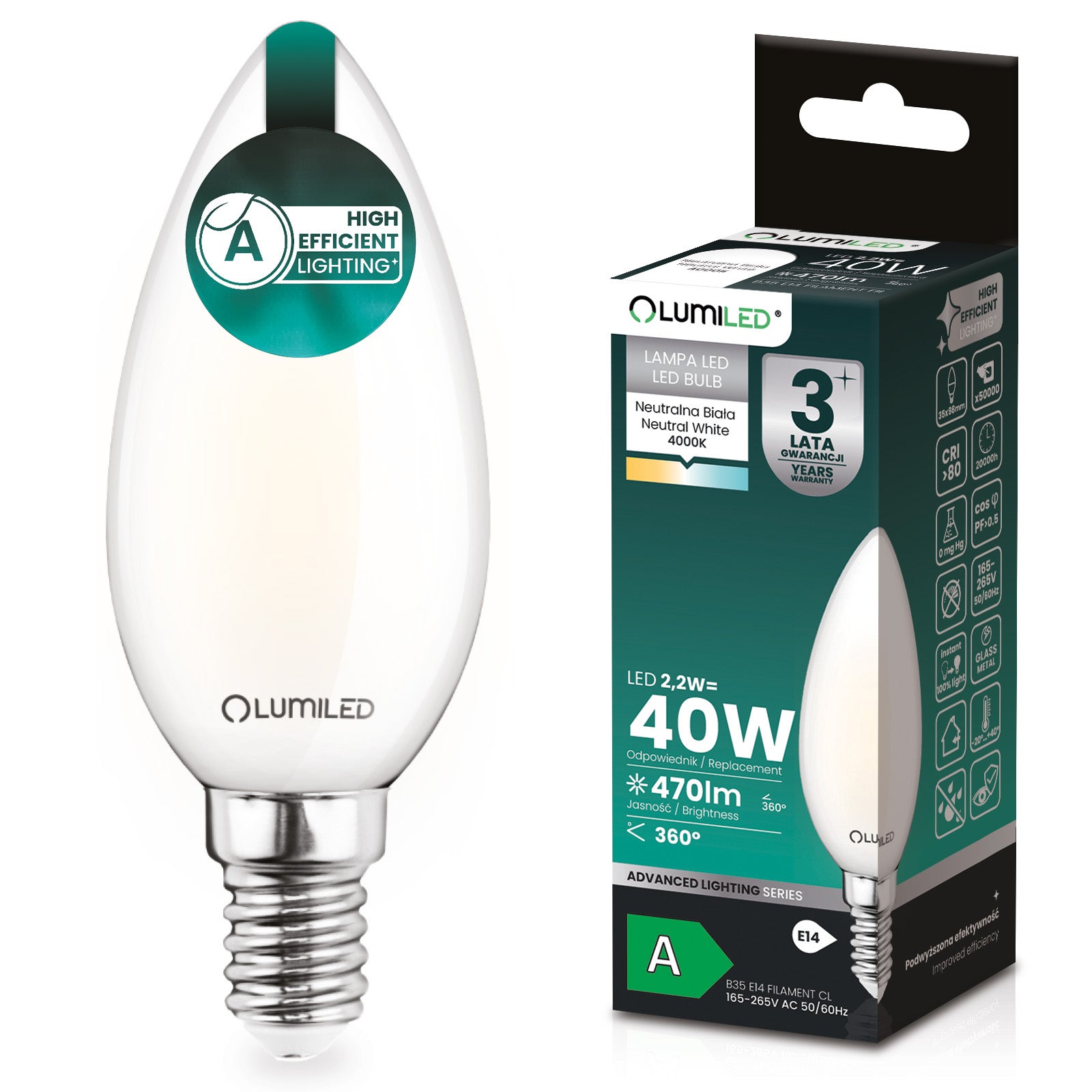 Żarówka LED Lumiled E14 Świeczka B35 2.2 W 470 lm 4000K Neutralna biel 360st Filament Klasa A