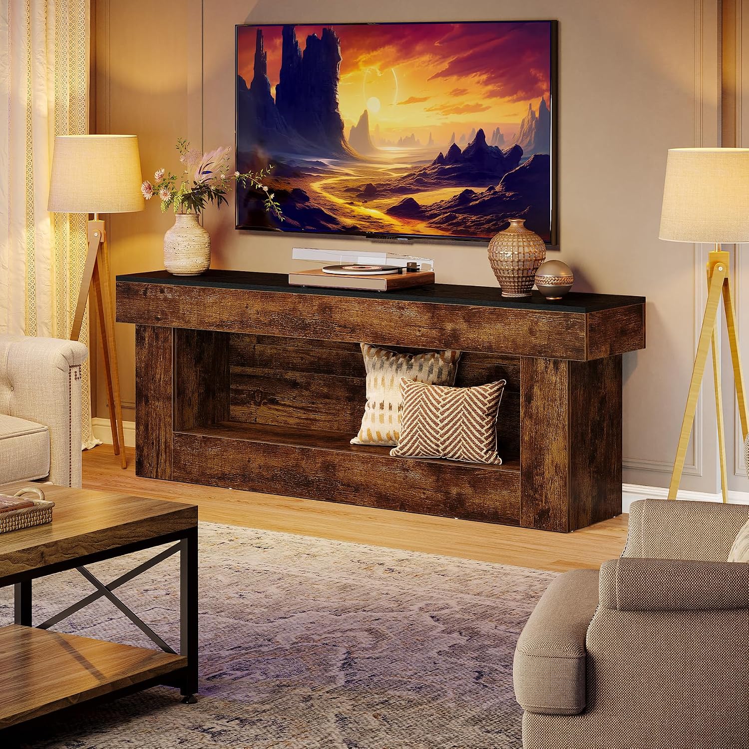 Tribesigns 160cm rustykalna szafka TV z półkami, do TV 60-70 cali, salon/sypialnia, brązowo-czarna.
