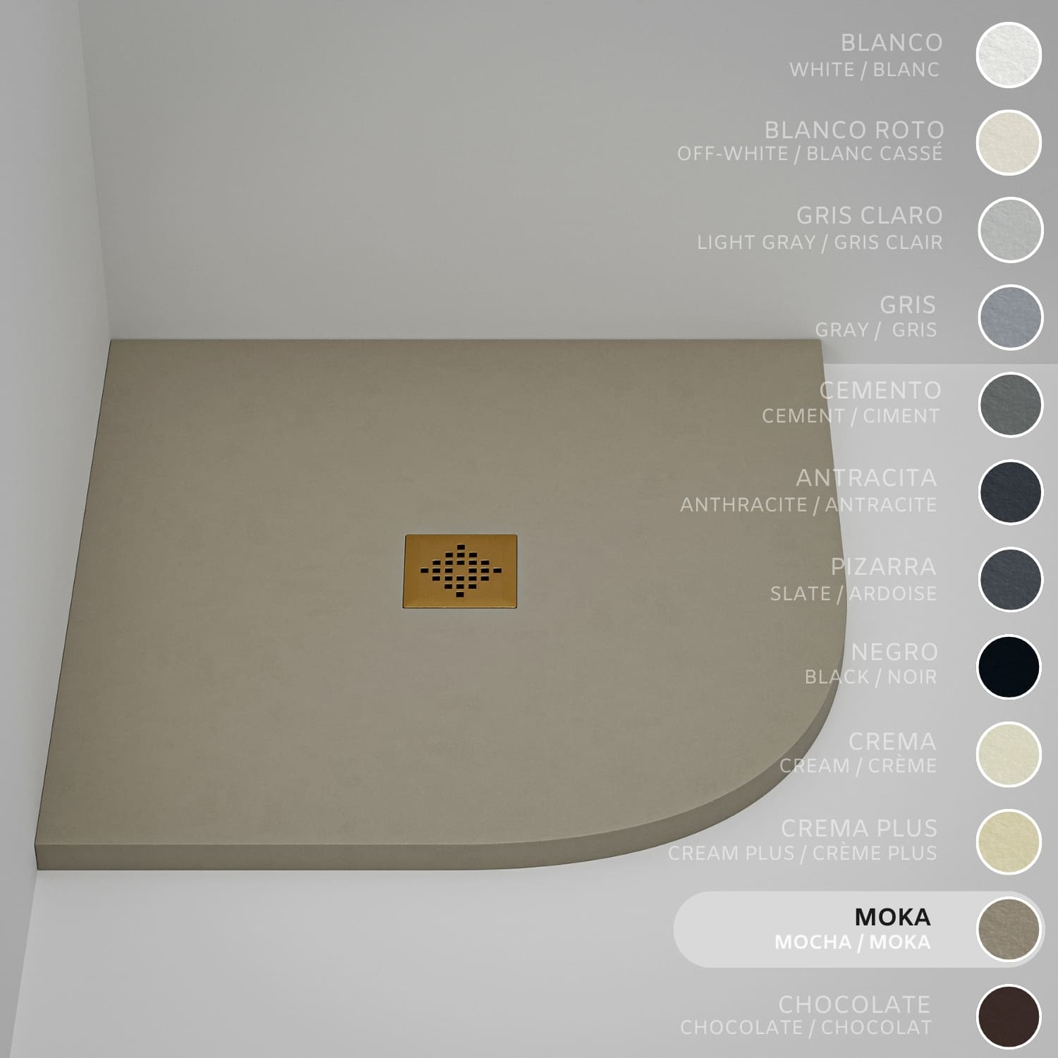 Brodzik półokrągły SOULHOME Żywica i Konglomerat Mineralny Antypoślizgowy 90x90 cm Moka - Kratka Gold