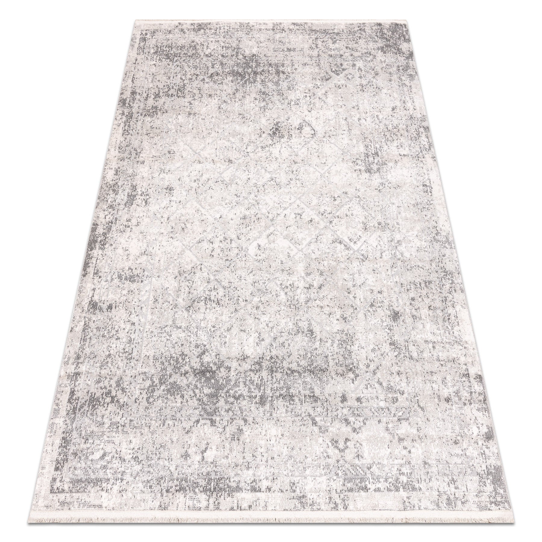 Dywan DISTIN 0200A szary / jasnoszary / biały nowoczesny - Romby, ramka, vintage, frędzle 200x290 cm