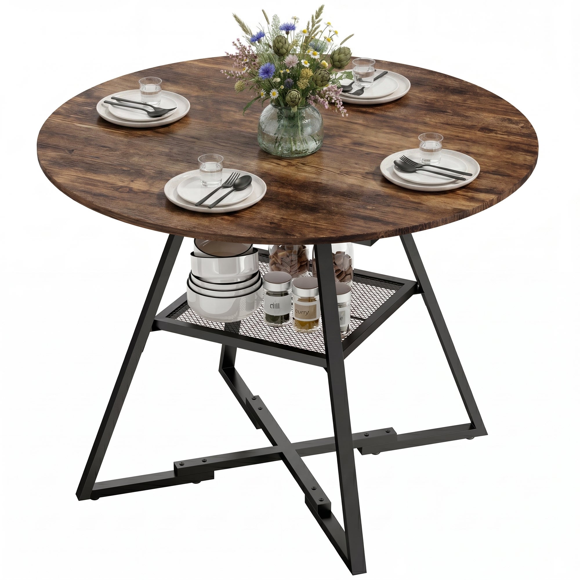 stół robić jadalni dla 4 people, 100 cm okrągły industrialny stół kuchenny z przechowywanie, efekt drewna tabletop, rustic brązowy
