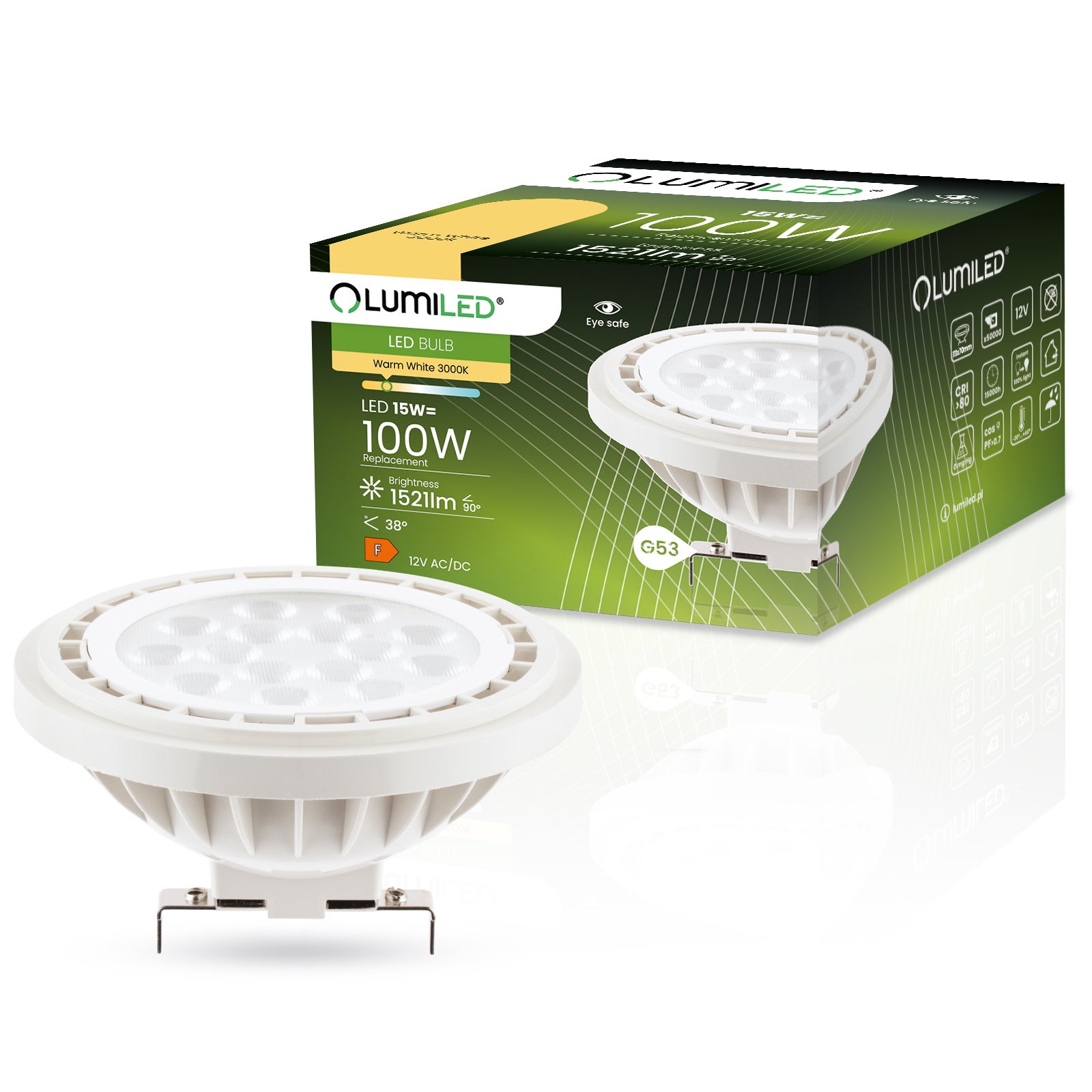 Żarówka LED Lumiled G53 Reflektor AR111 15W 1521lm 3000K Ciepła biel 38st 12V 1 szt.