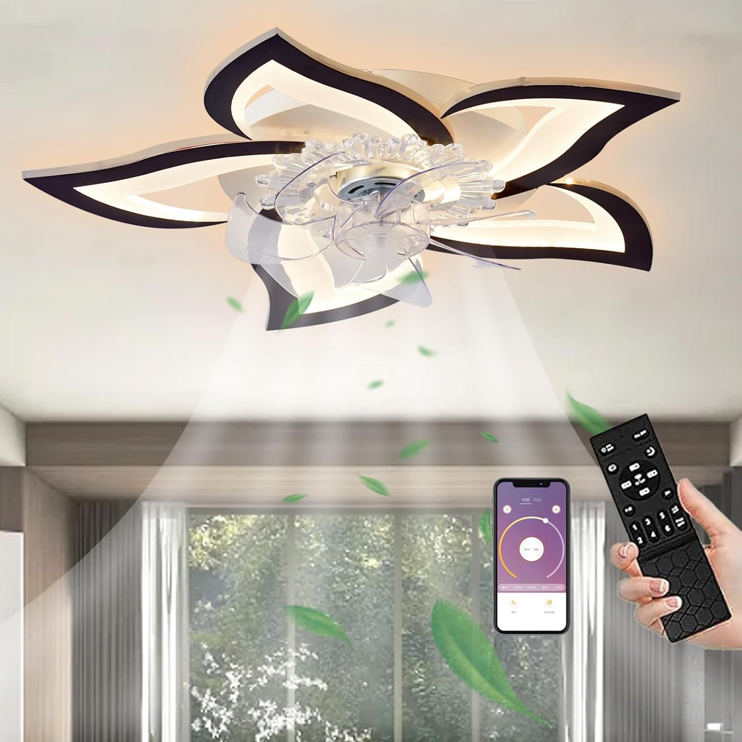 Cichy wentylator sufitowy LED z oświetleniem 50 W, lampa sufitowa z wentylatorem i pilotem/aplikacją, lampa ściemnialna z wentylatorem, 5 lamp w kszta