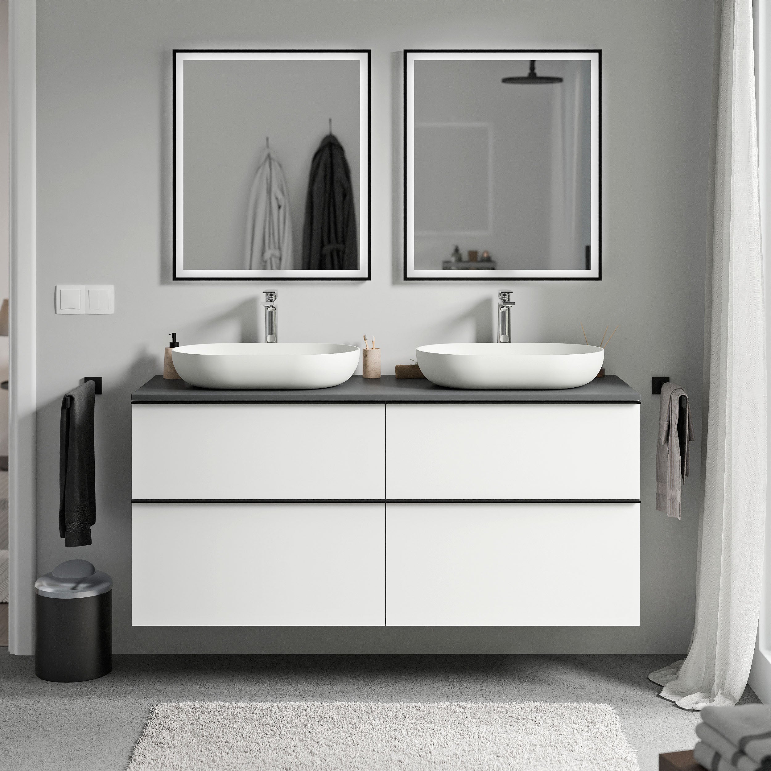 Bernstein LAVOA Szafka pod umywalkę wisząca MDF biały mat - Blat i uchwyt antracyt mat - 140x46x62cm