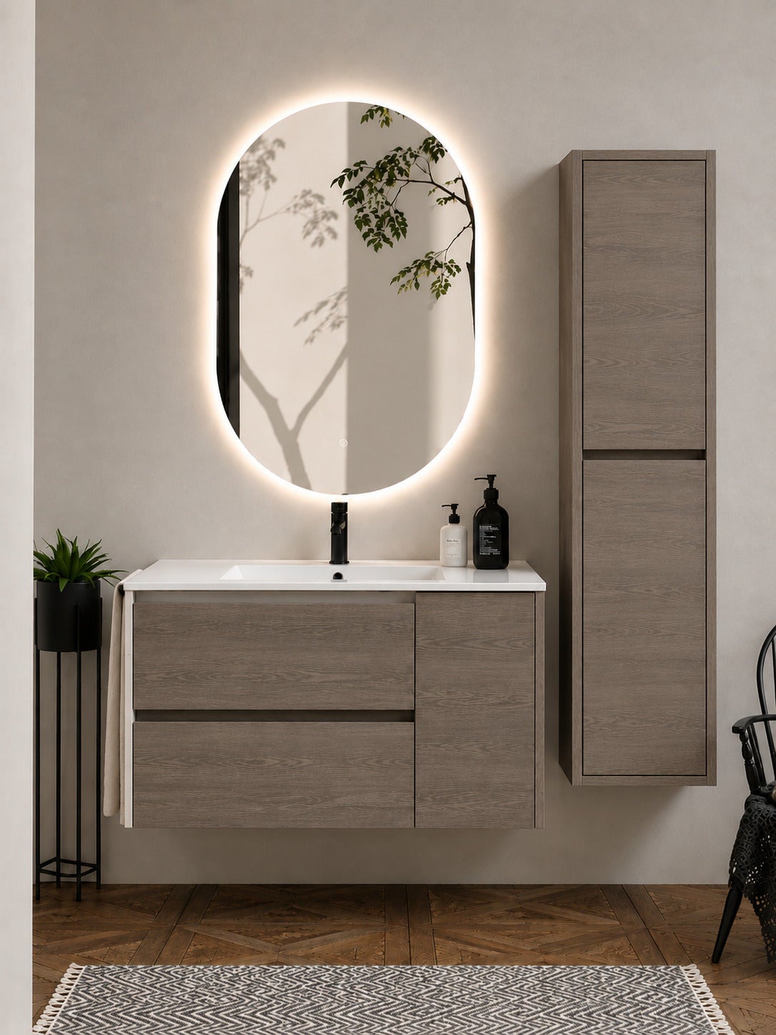 Szafka łazienkowa z umywalką ORIGENBATH ITACA bez lustra 60x35 cm dąb smoky z kolumną