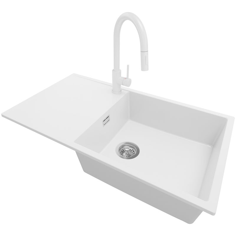 Zlewozmywak Granitowy Biały 90x50cm, Zlew Kuchenny 1 Komorowy + Bateria 40x20cm + Syfon, Nablatowy do szafki od 60cm - Ibiza PRIMAGRAN