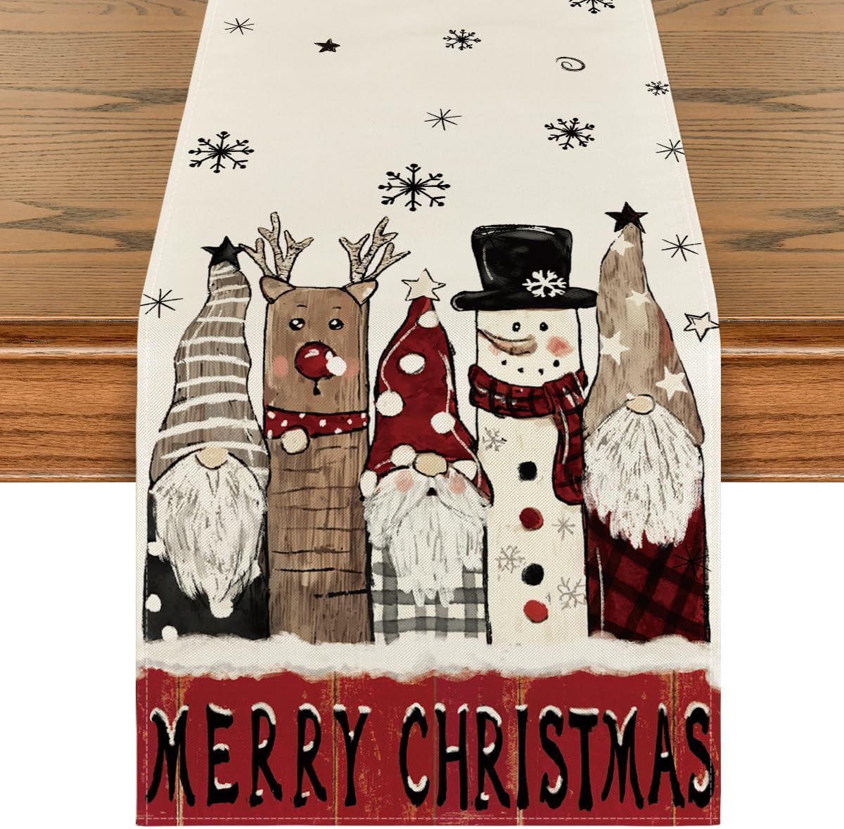 Bieżnik świąteczny 183 x 33 cm, Bieżnik świąteczny z płatkami śniegu, bałwanem, reniferem i krasnalami, Lniany bieżnik świąteczny, Zmywalny, Na stół