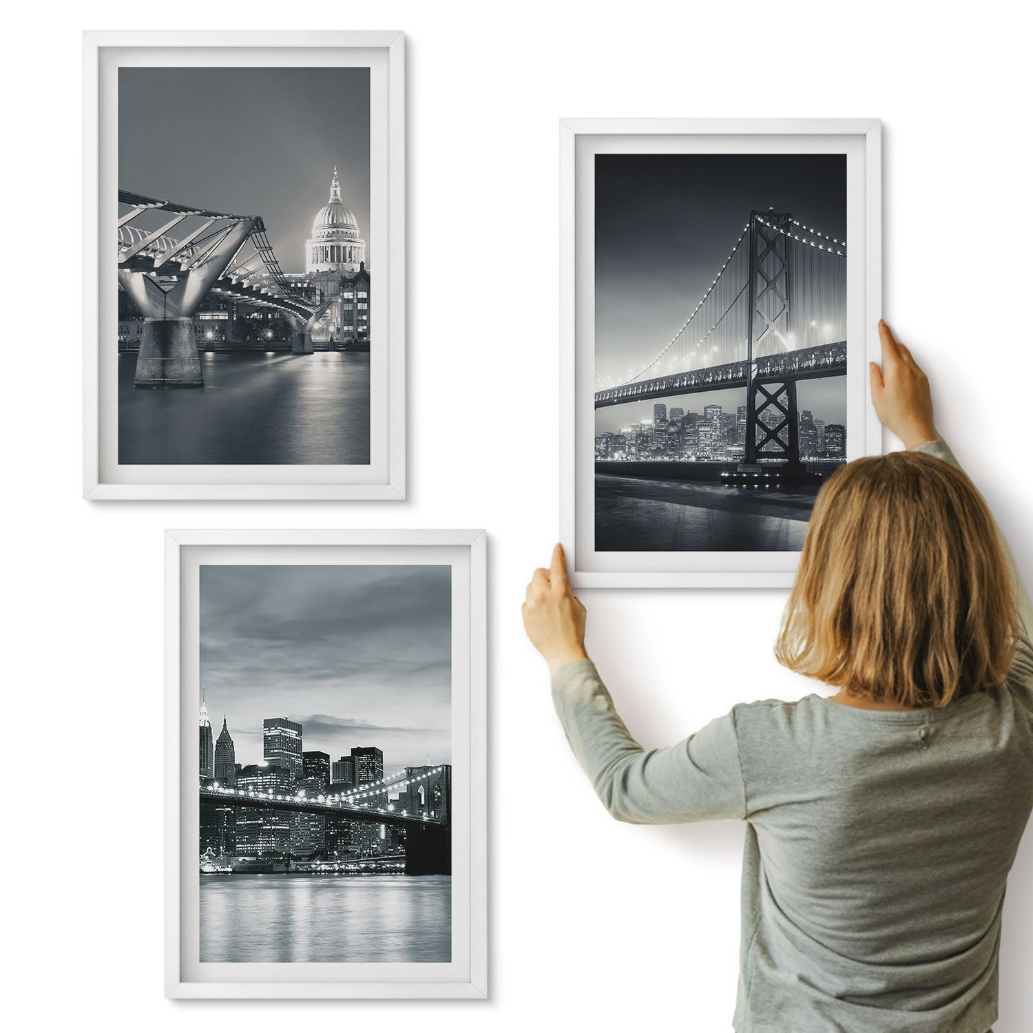 Galeria ścienna 3-częściowy komplet obrazów w białych ramach - Mosty i architektura miast w odcieniach szarości - ArtPrintCave