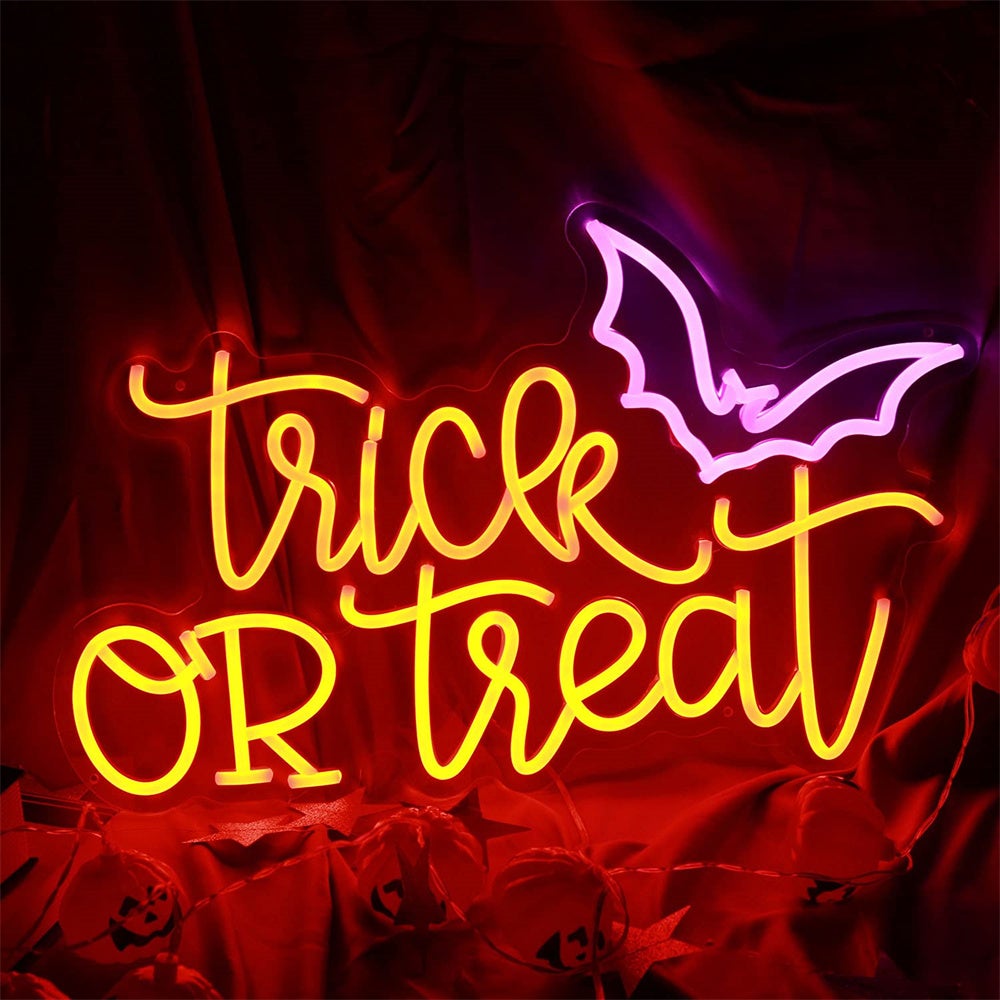 Neonowy szyld świetlny Trick or Treat na Halloween, dekoracja do sypialni na imprezę Halloween, neonowe dekoracje wnętrz 39x26CM