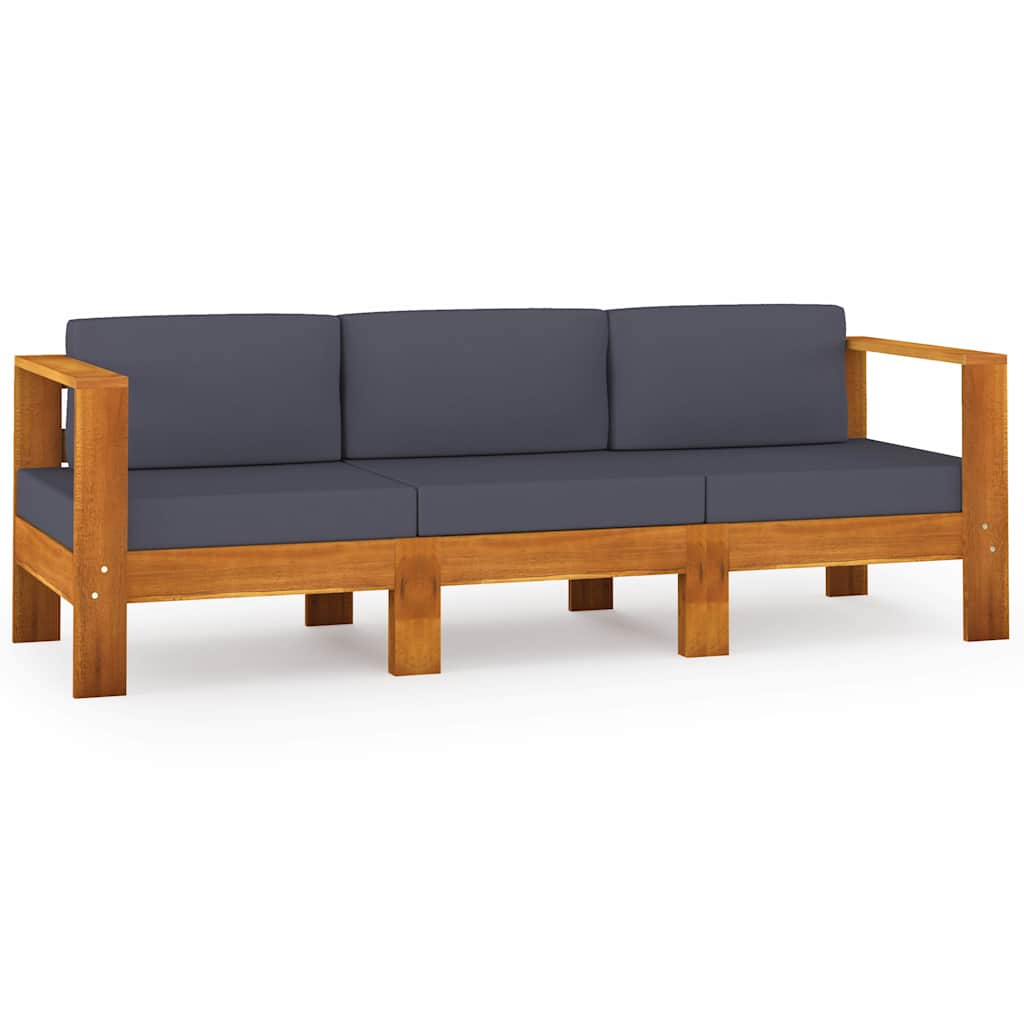 Sofa Ogrodowa Drewniana z Akacji 3-Osobowa z Ciemnoszarymi Poduszkami