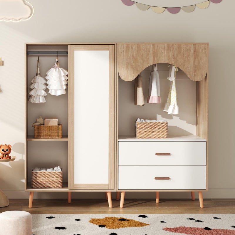 Szafa dziecięca z drzwiami przesuwnymi i otwartą przestrzenią – nowoczesny design, biel + naturalne drewno, 141,5 cm