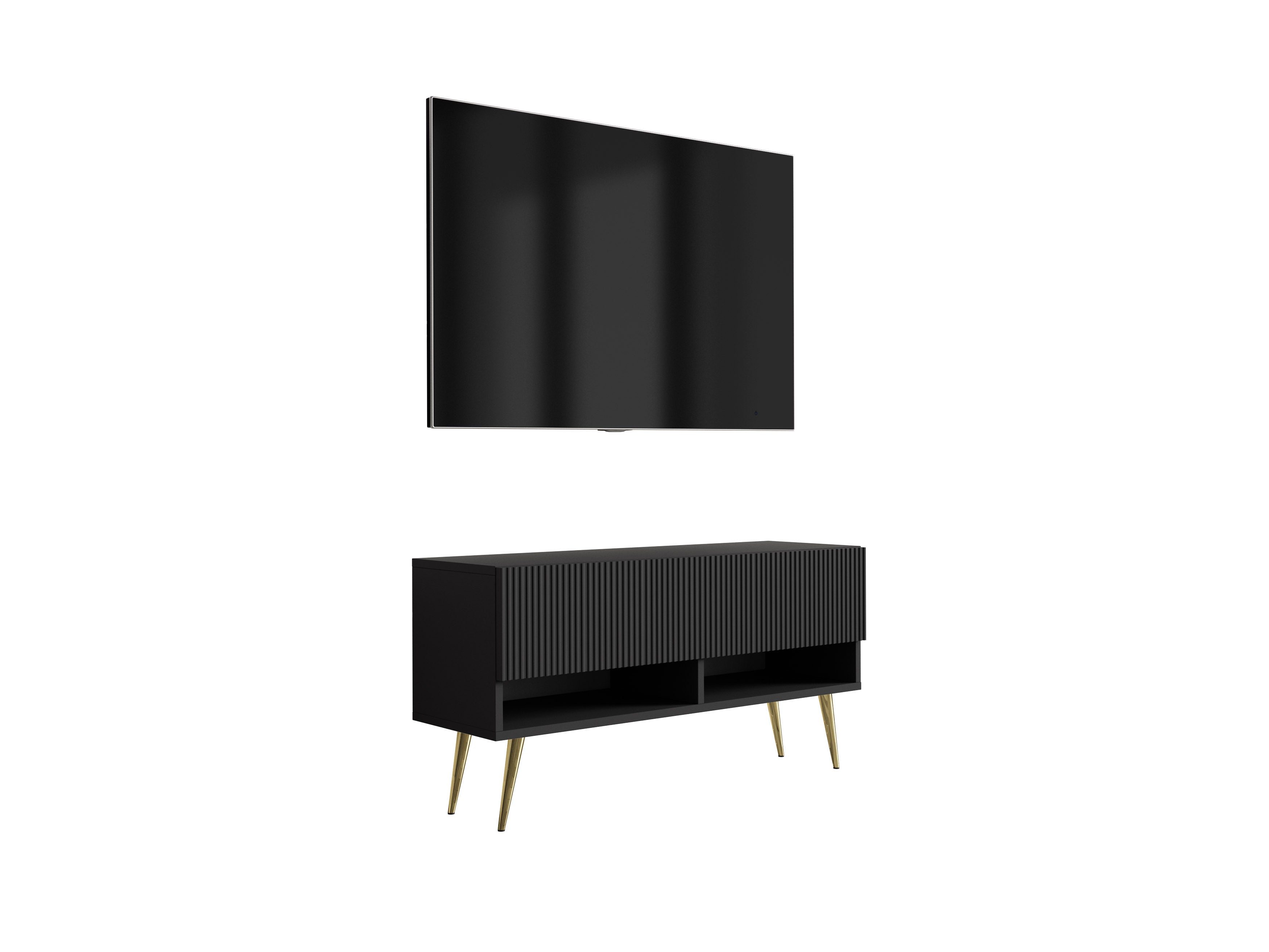 Szafka pod telewizor z ryflowanym frontem 100, Czarny Mat, nóżki pochyłe złote, 100 × 32 × 52 cm