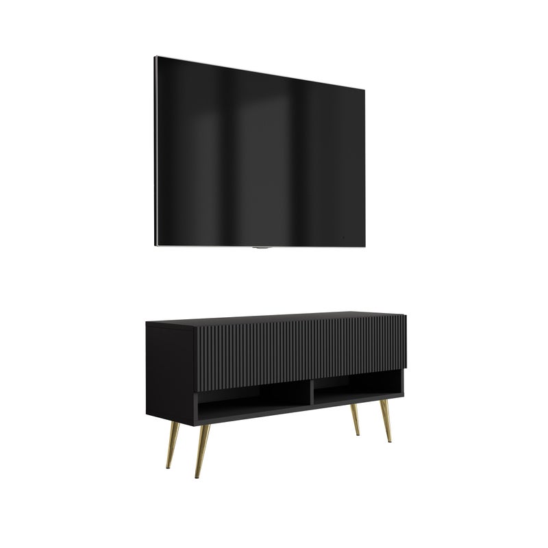Szafka pod telewizor z ryflowanym frontem 100, Czarny Mat, nóżki pochyłe złote, 100 × 32 × 52 cm