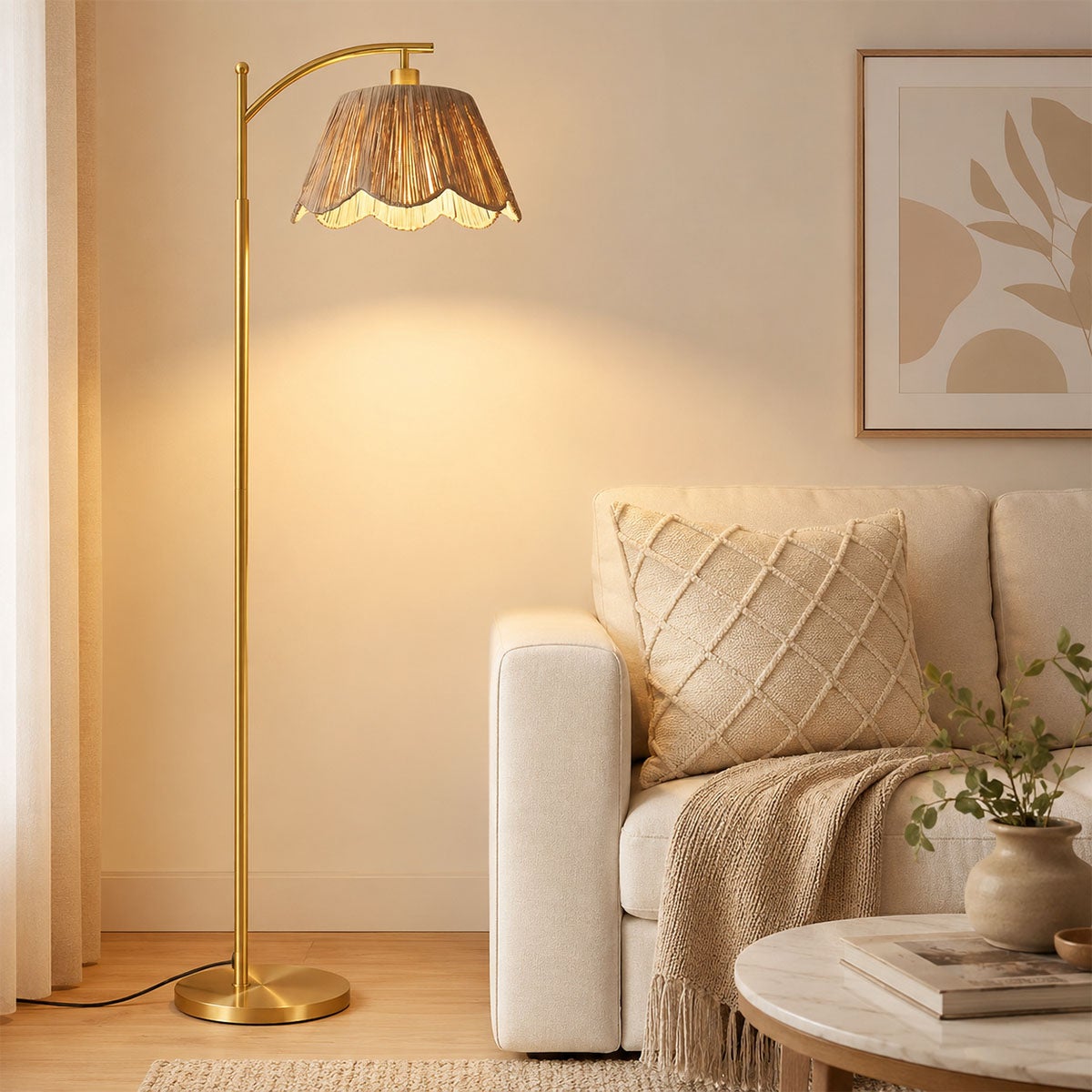 Lampa stojąca LED 170 cm złota z plecionym kloszem pilotem regulacją barwy i jasności oraz włącznikiem nożnym Żarówka 12W w Zestawie Lampa Podłogowa