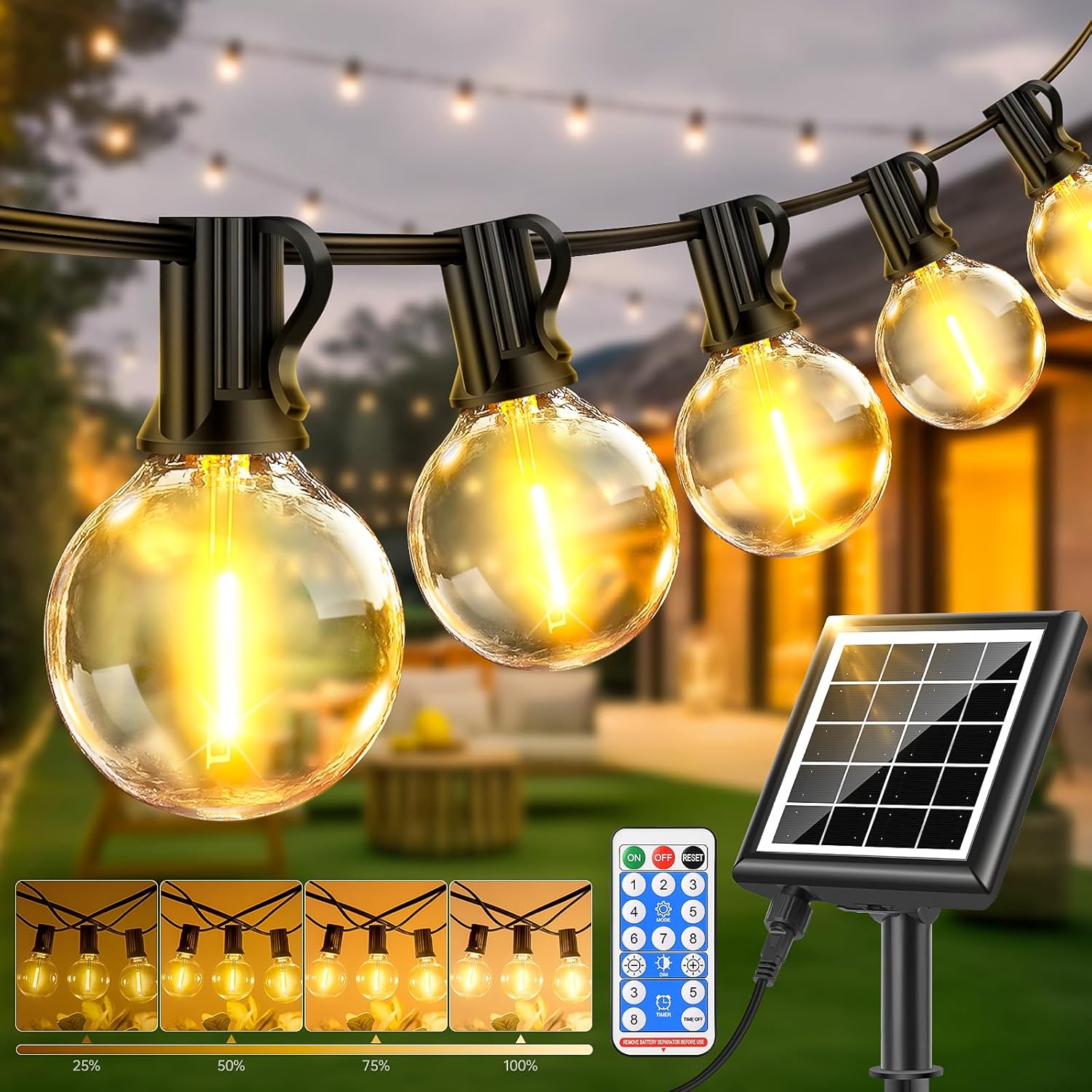 Oświetlenie zewnętrzne solarne dekoracyjne 10 m - 20 diod LED G40 - 2700 K - Pilot + Timer - Wodoodporne - Idealne na tarasy i wesela