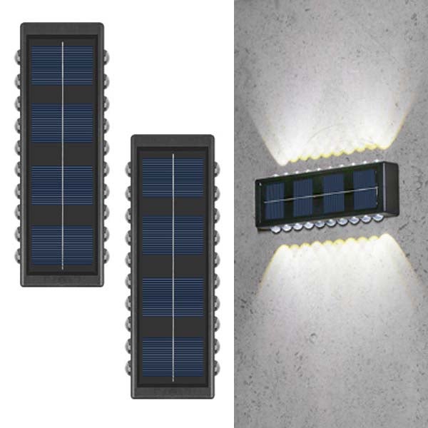 2x Lampa solarna ścienna - 20 LED, projektor washlight, światło góra/dół, białe światło, wodoodporne zewnętrzne do werandy.